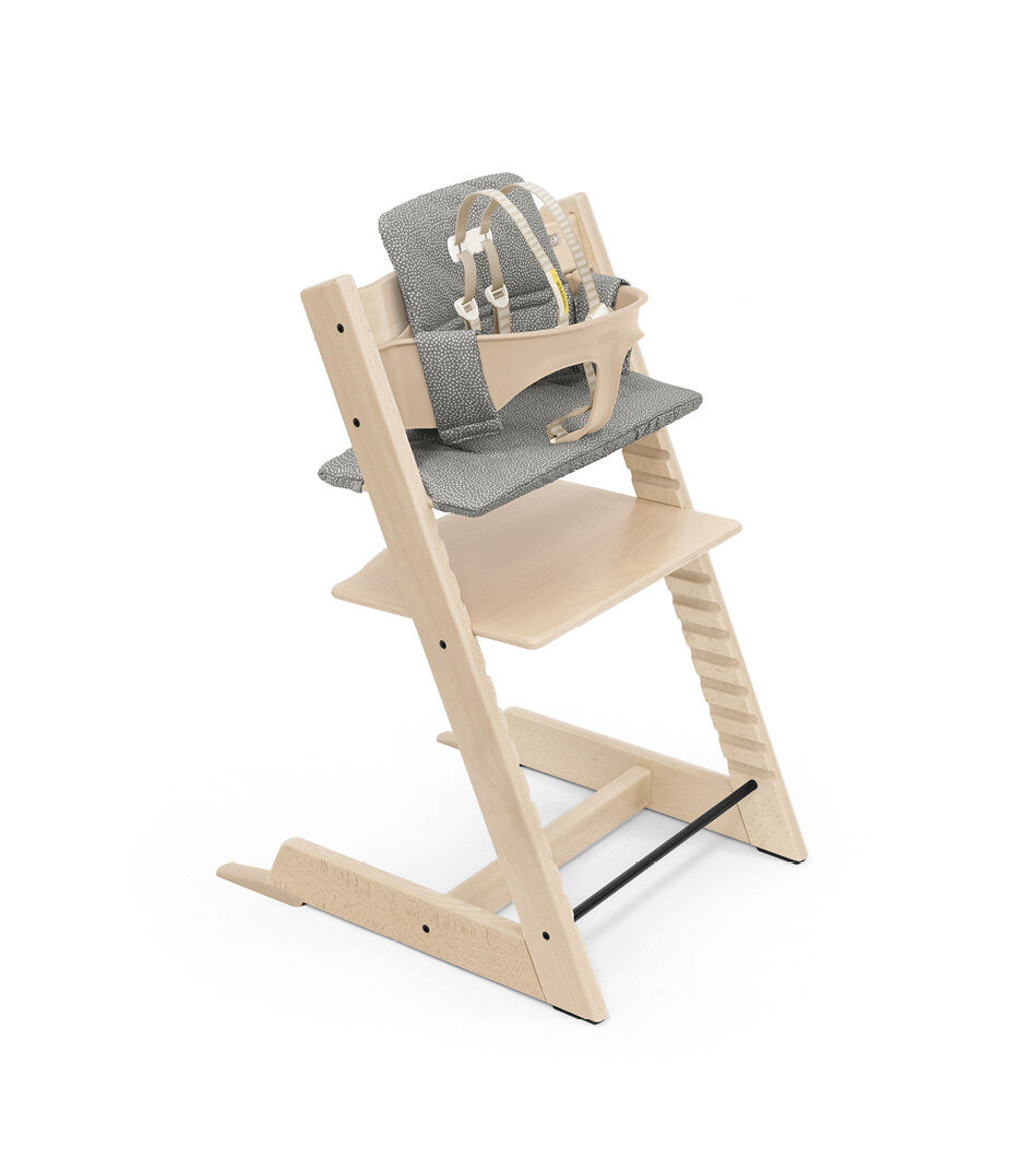 Tripp Trapp® High Chair Natural with Baby Set and Classic Cushion Grey Dots. US version.