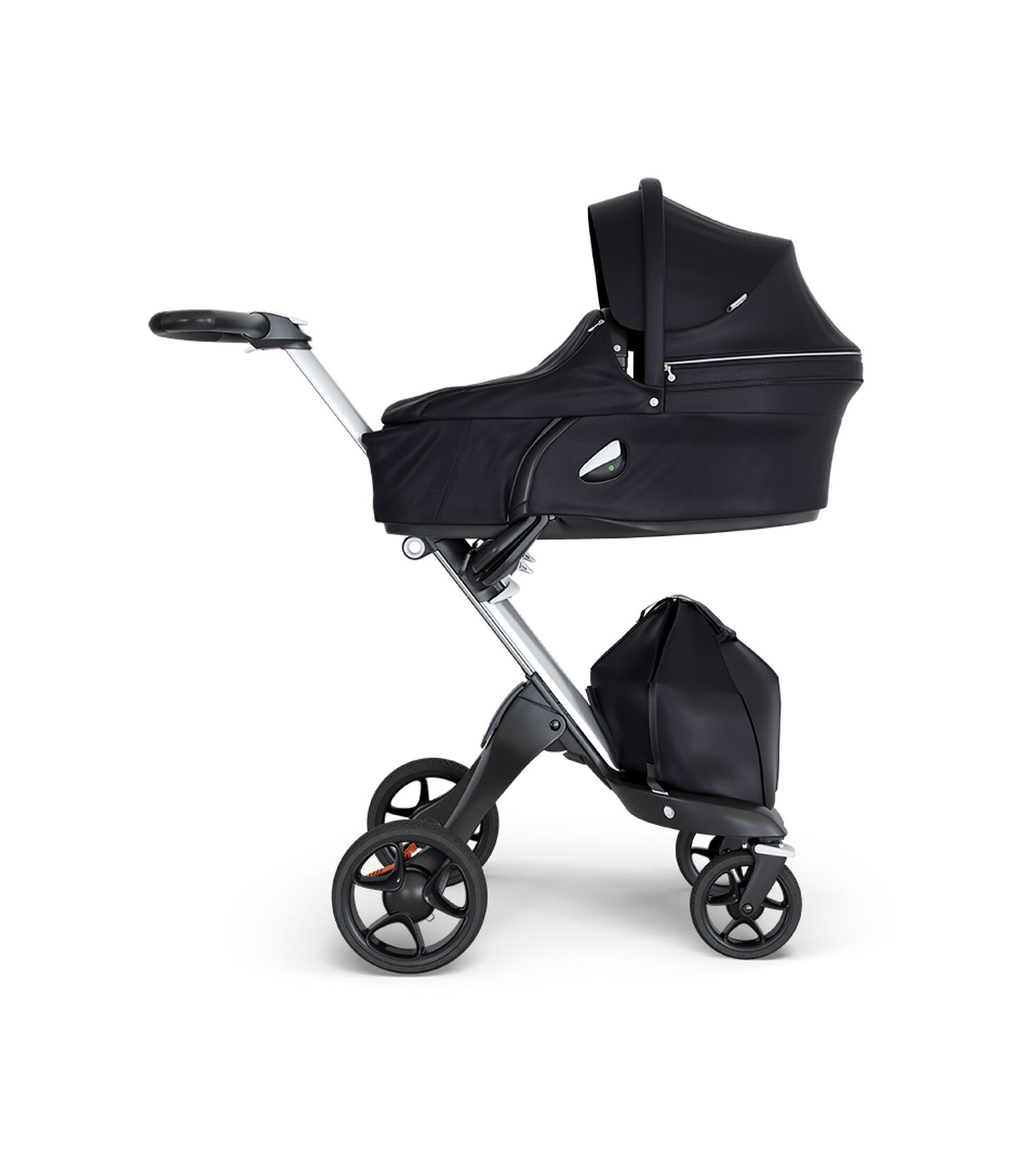 Stokke® Xplory® wtih Silver Chassis and Leatherette Black handle. Stokke® Stroller Carry Cot Black. view 2