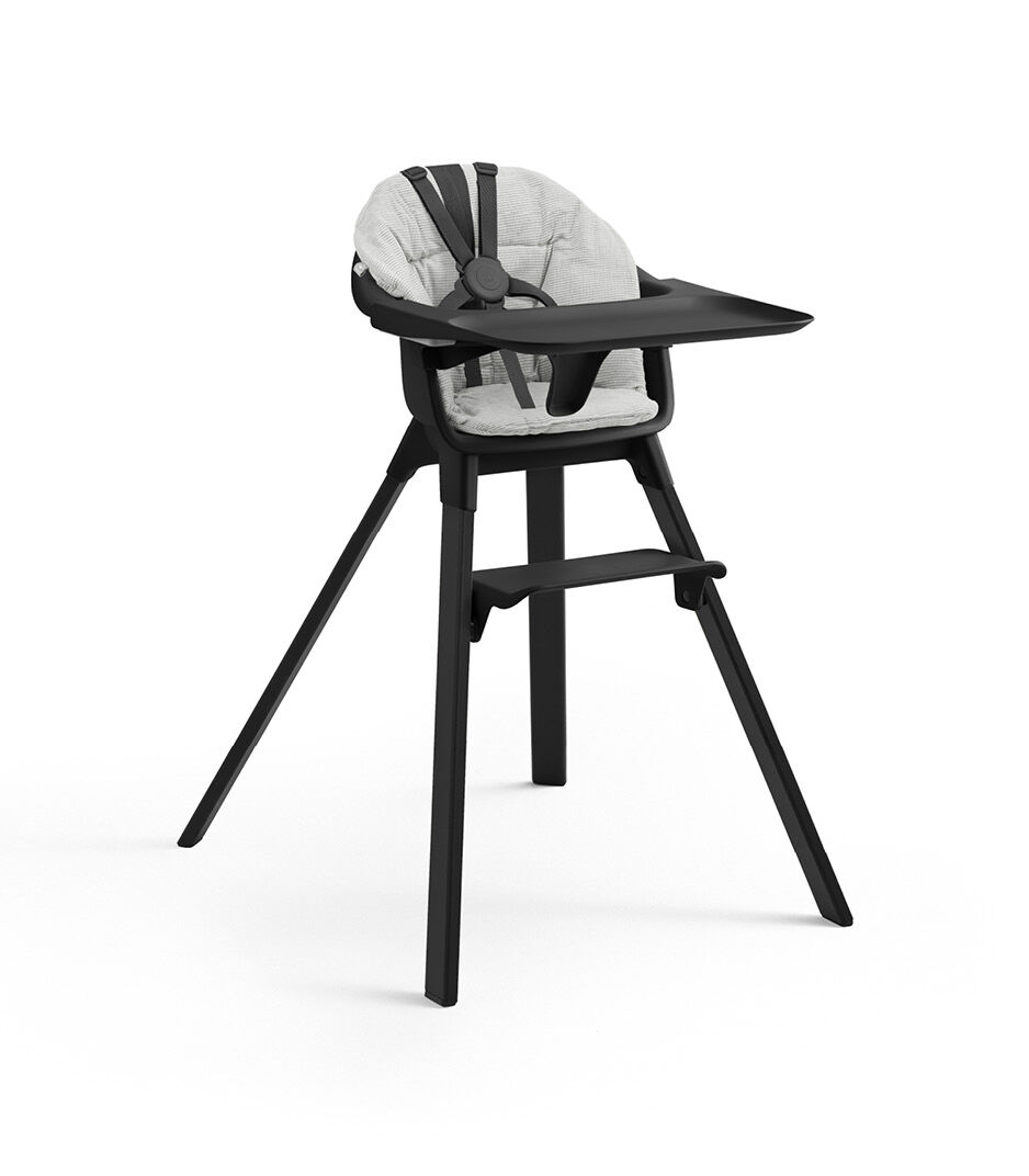 Stokke® Clikk™ High Chair with Tray and Harness, in Midnight Black. Cushion Nordic Grey.