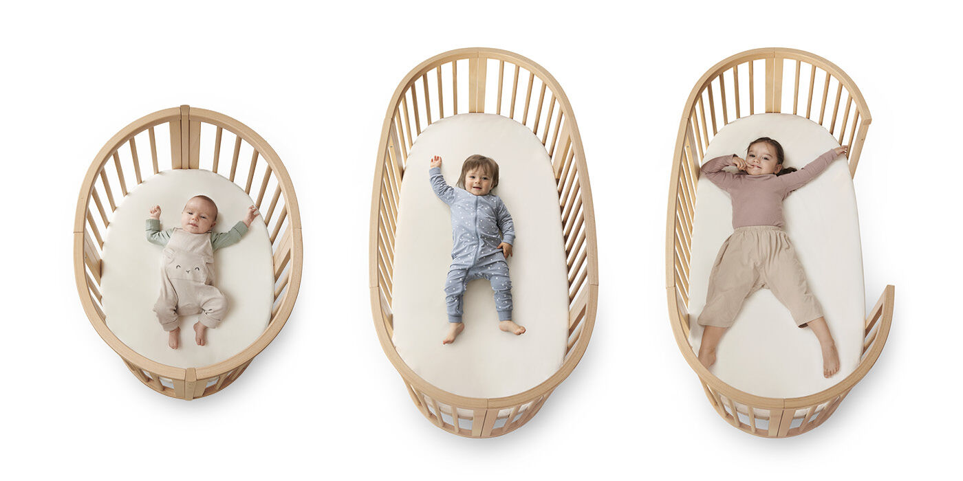 Adjustable Stokke Sleepi Mini 4-in-1 Oval Crib Suitable for 0-6 Months Optional Bed Extension to Fit Children Up to 10 Years Stylish & Compact 