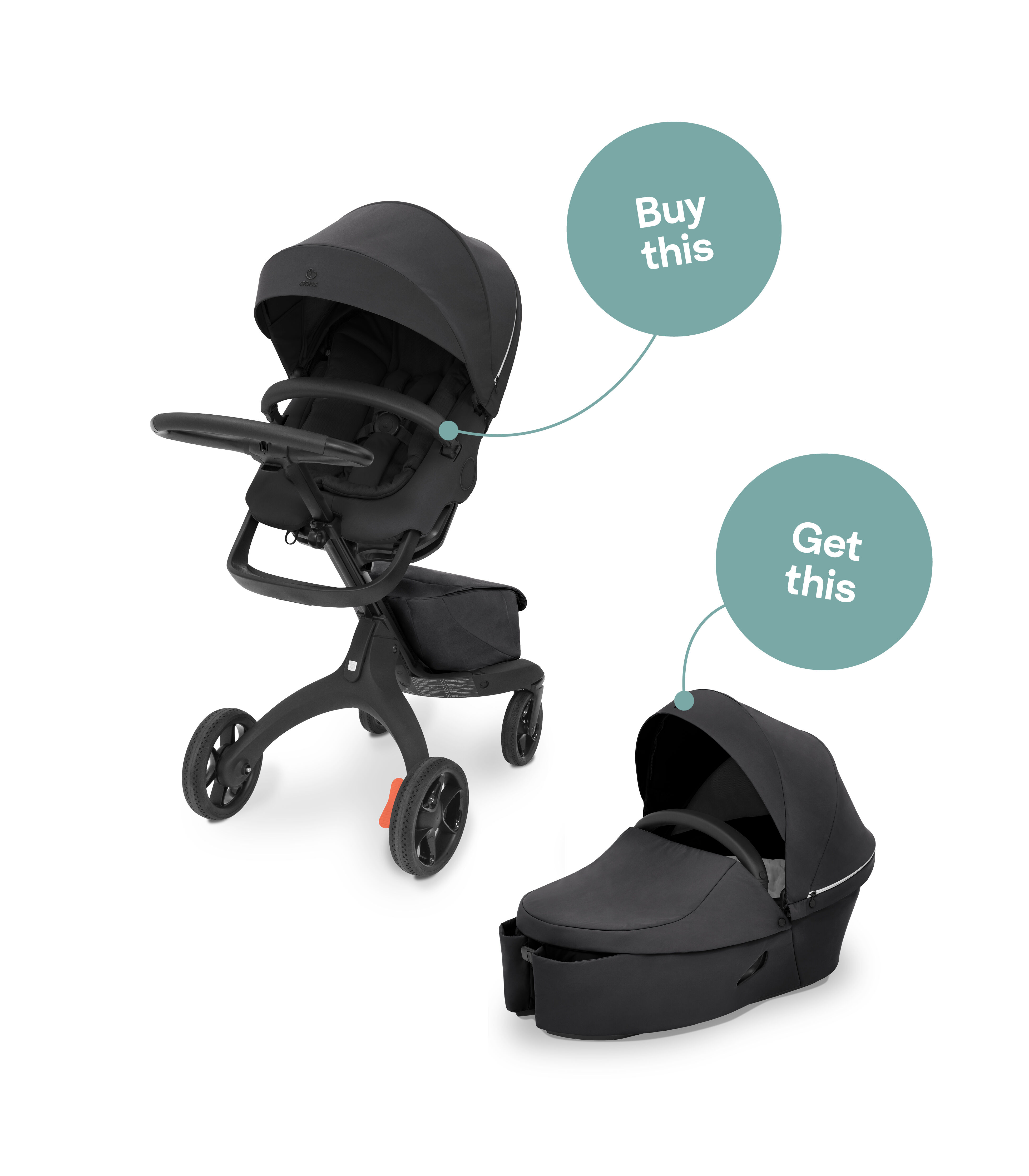 Xplory X stroller in Black with Carry cot, showing the Buy and Get mechanism of the Summer Promotion 2025.