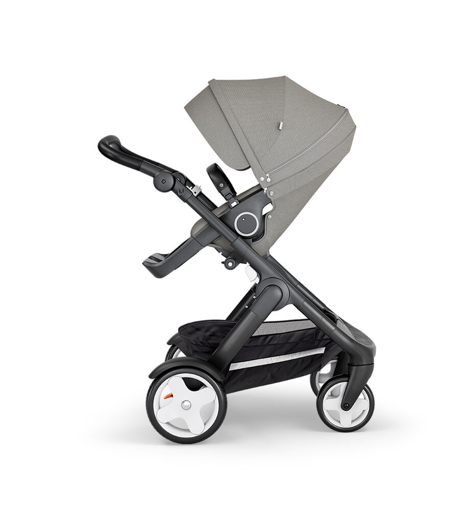 Stokke&reg; Trailz&trade; with Black Chassis, Black Leatherette and Classic Wheels. Stokke&reg; Stroller Seat, Brushed Grey.