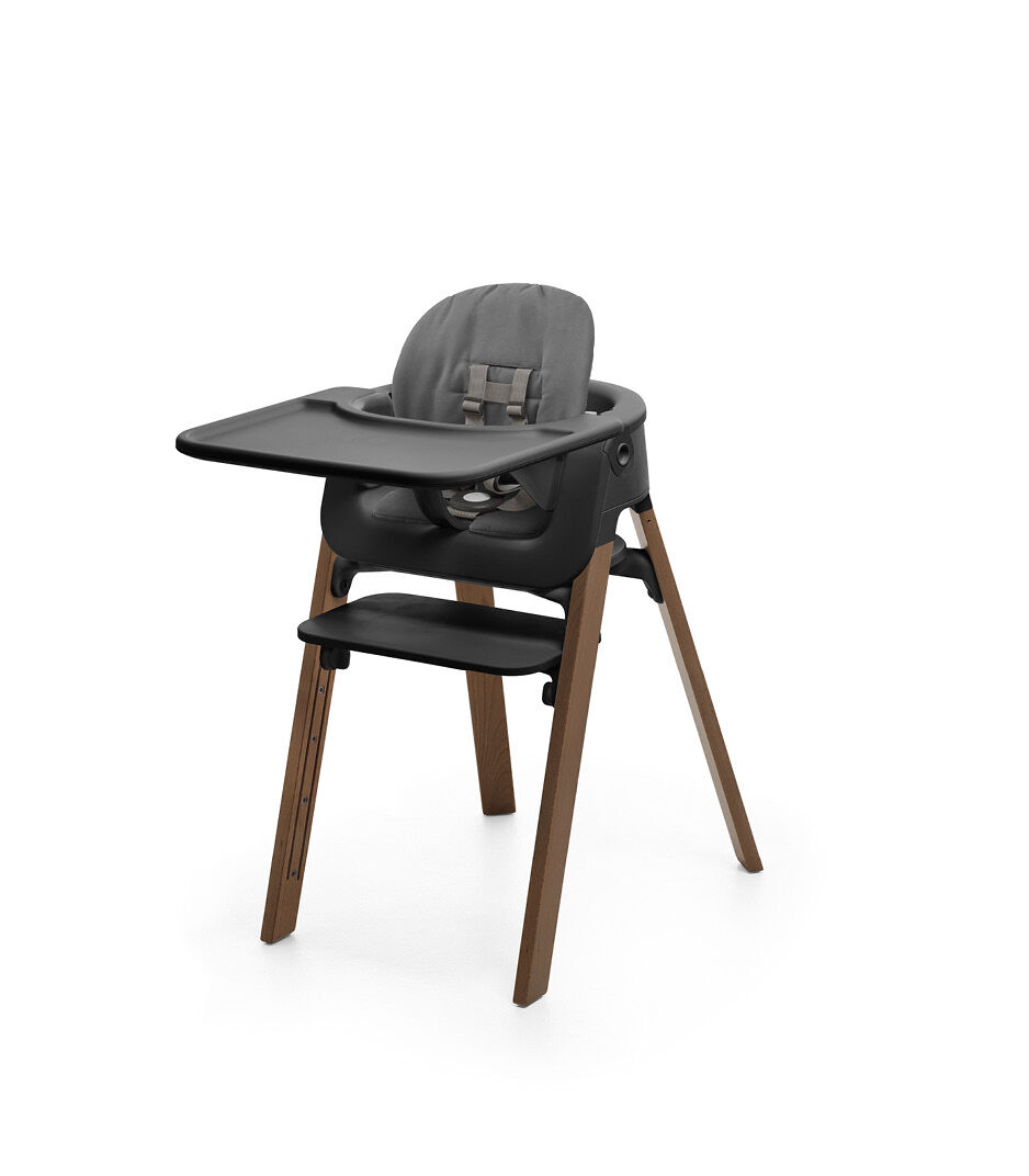 Stokke® Steps™ High Chair Golden Brown with Black Baby Set and Tray. Cushion Herringbone Grey.
