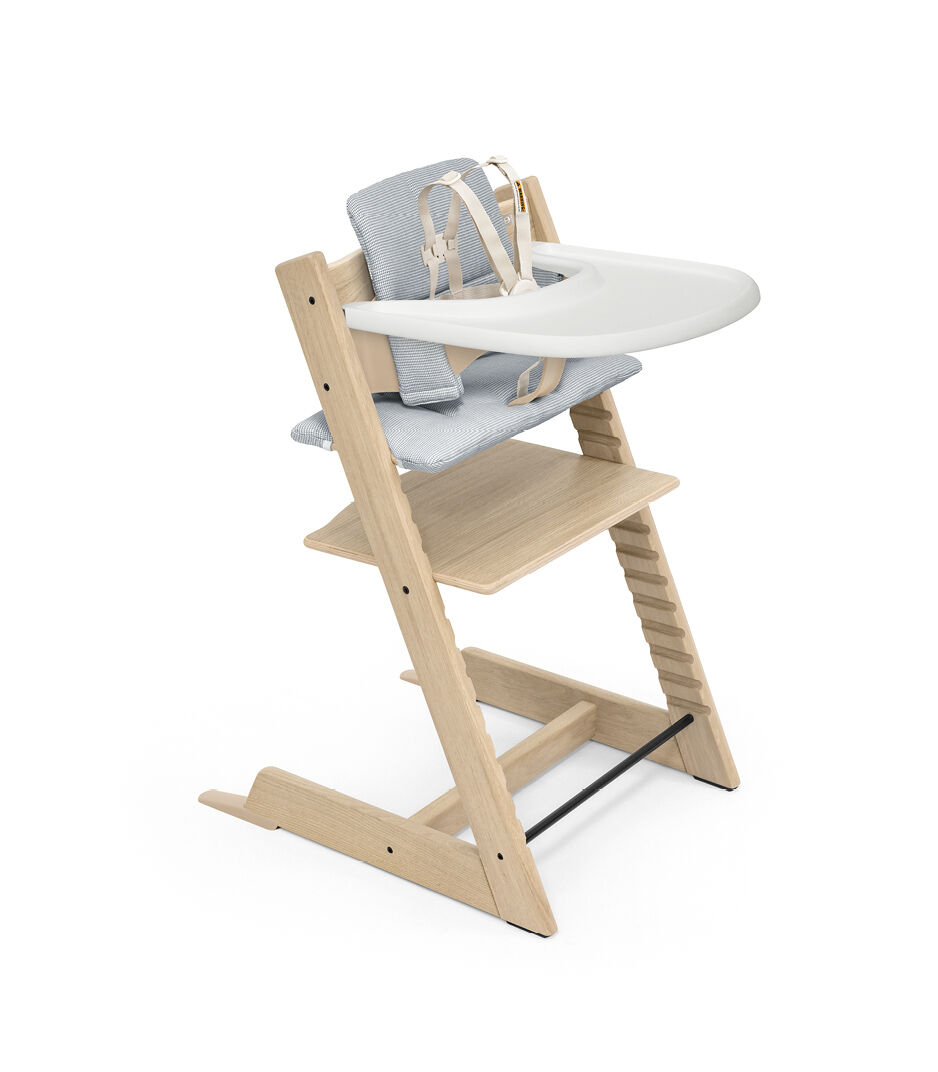 Tripp Trapp® Bundle. Chair Oak Natural, Baby Set2 with Tray and Classic Cushion Nordic Blue. US bundle.