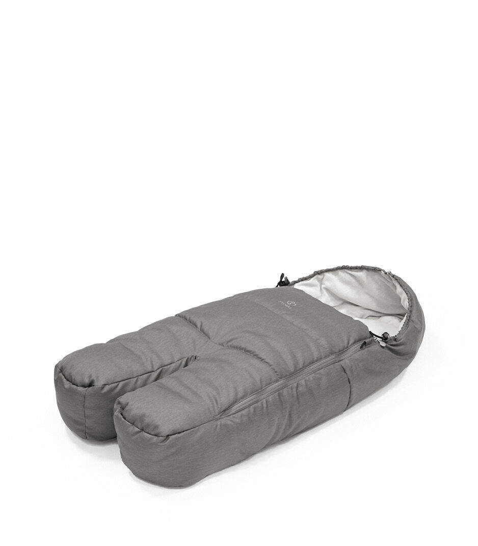 Stokke® Xplory® X Foot Muff, Modern Grey. Zipper open.