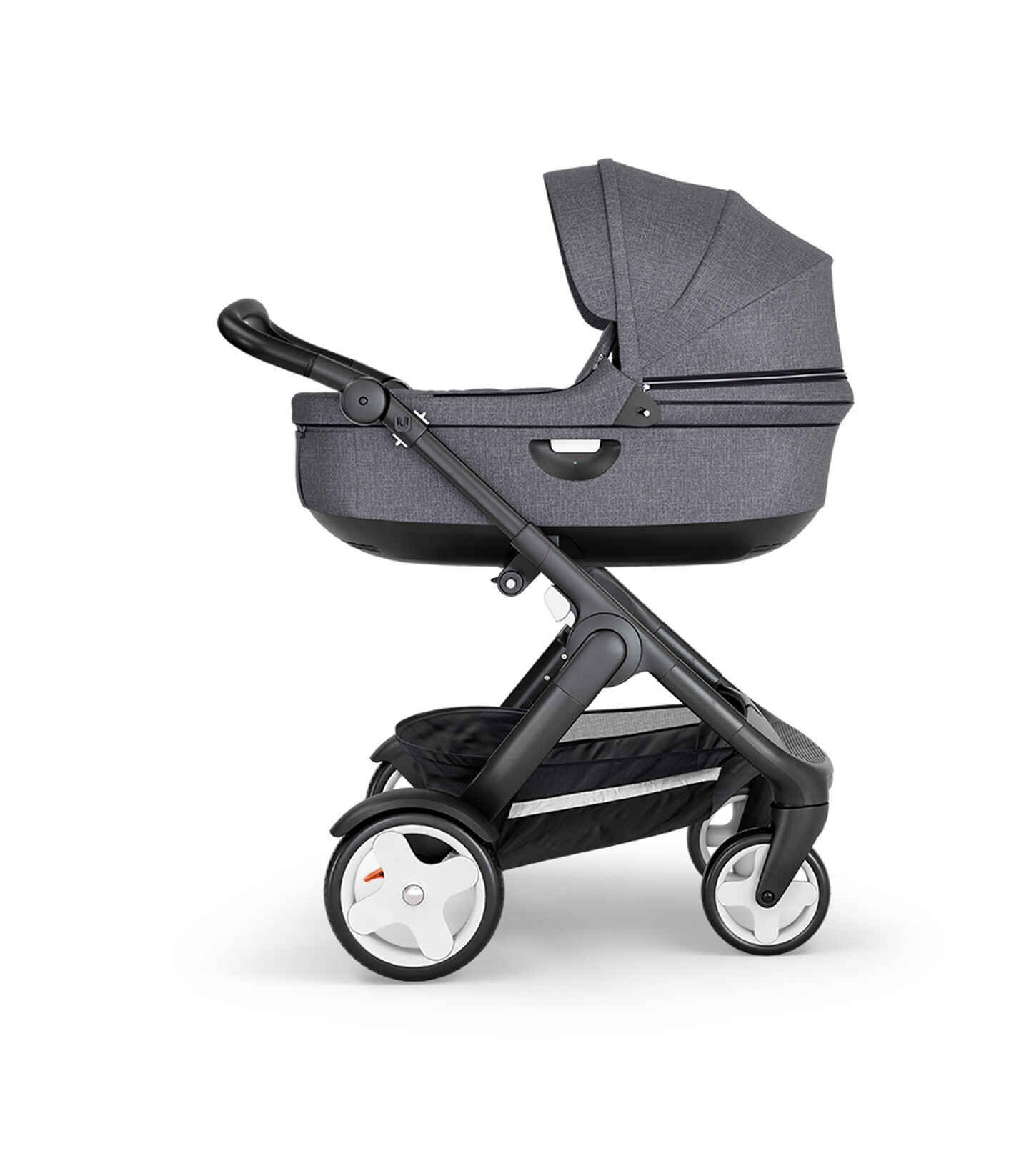 Stokke® Trailz™ with Black Chassis, Black Leatherette and Classic Wheels. Stokke® Stroller Carry Cot, Black Melange. view 2