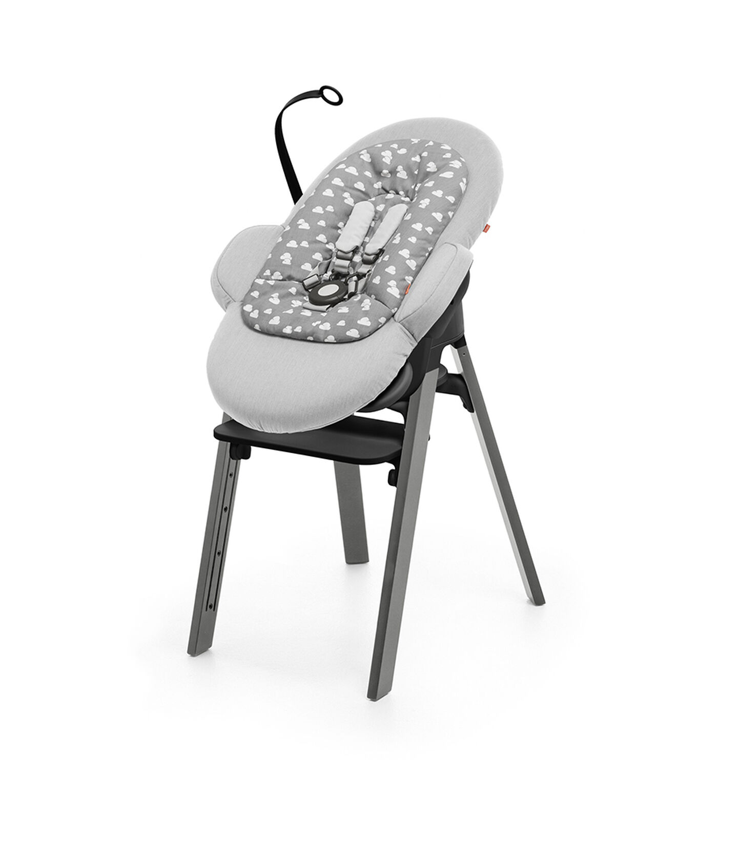 Stokke&reg; Steps&trade; Storm Grey with Black Seat and footrest. Bouncer Grey Clouds.