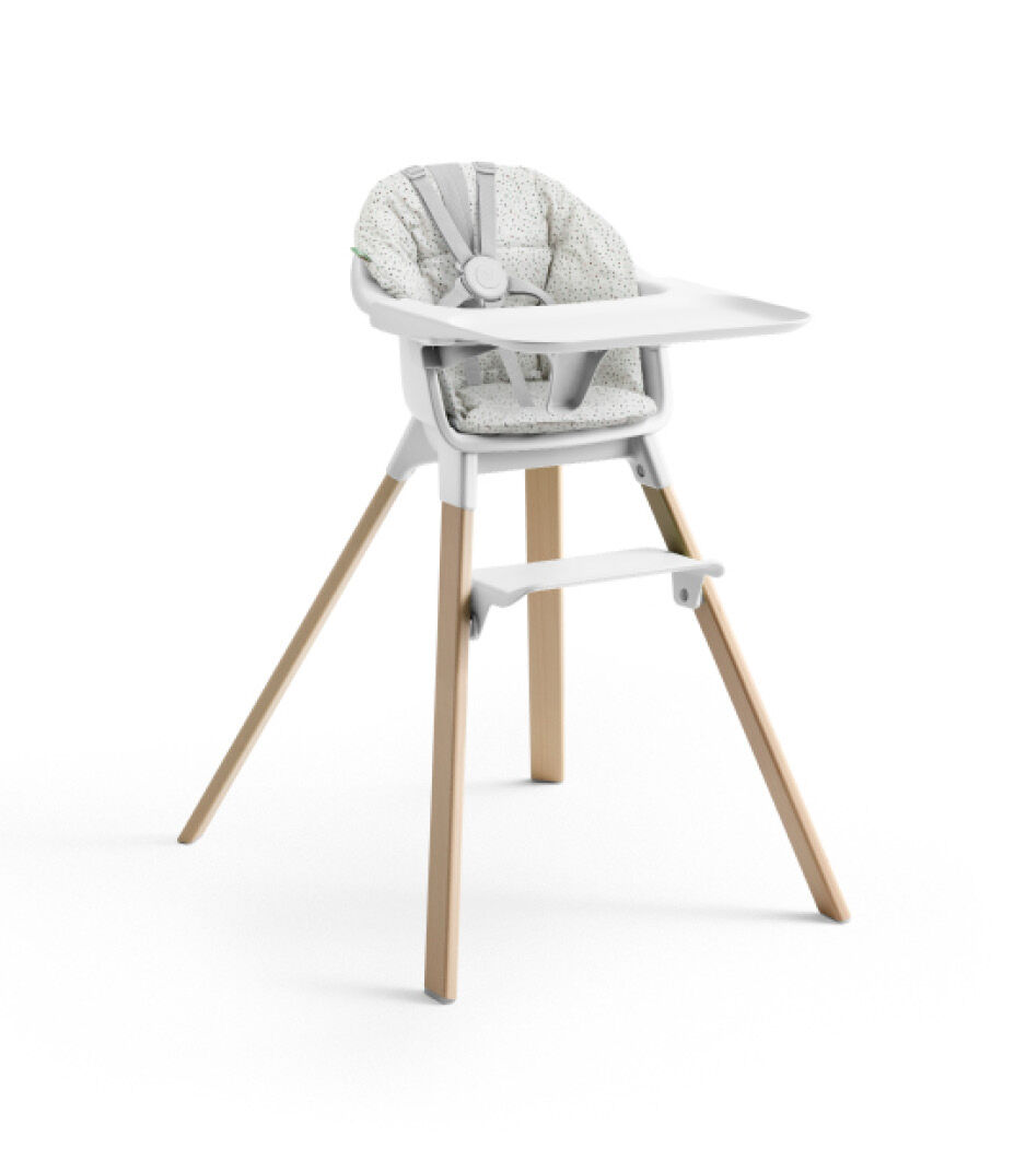 Stokke® Clikk™ High Chair with Tray and Harness, in Natural and White. Cushion Grey Sprinkle.