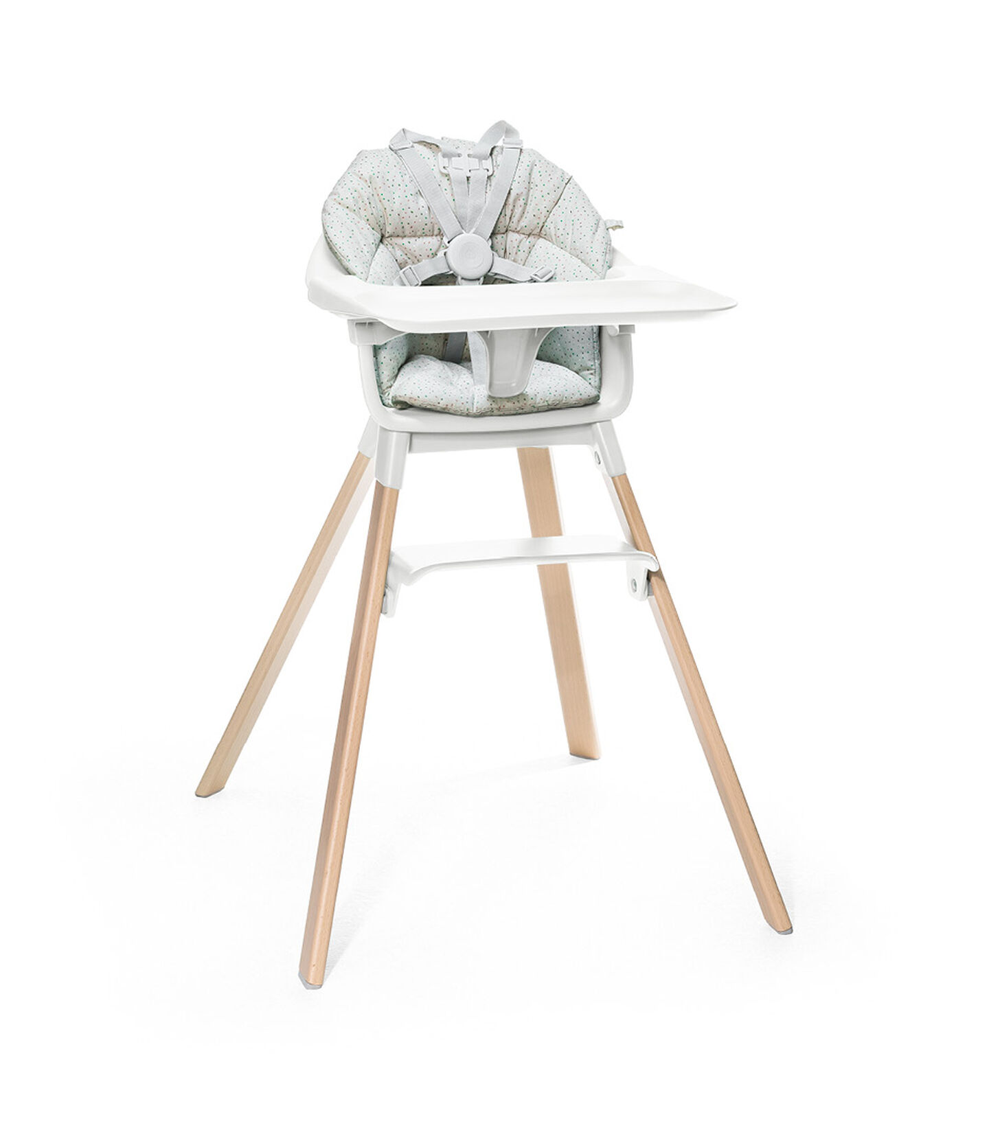 Stokke® Clikk™ High Chair. Natural Beech wood and White plastic parts including Tray. Cushion Grey Sprinkle and Harness. view 4