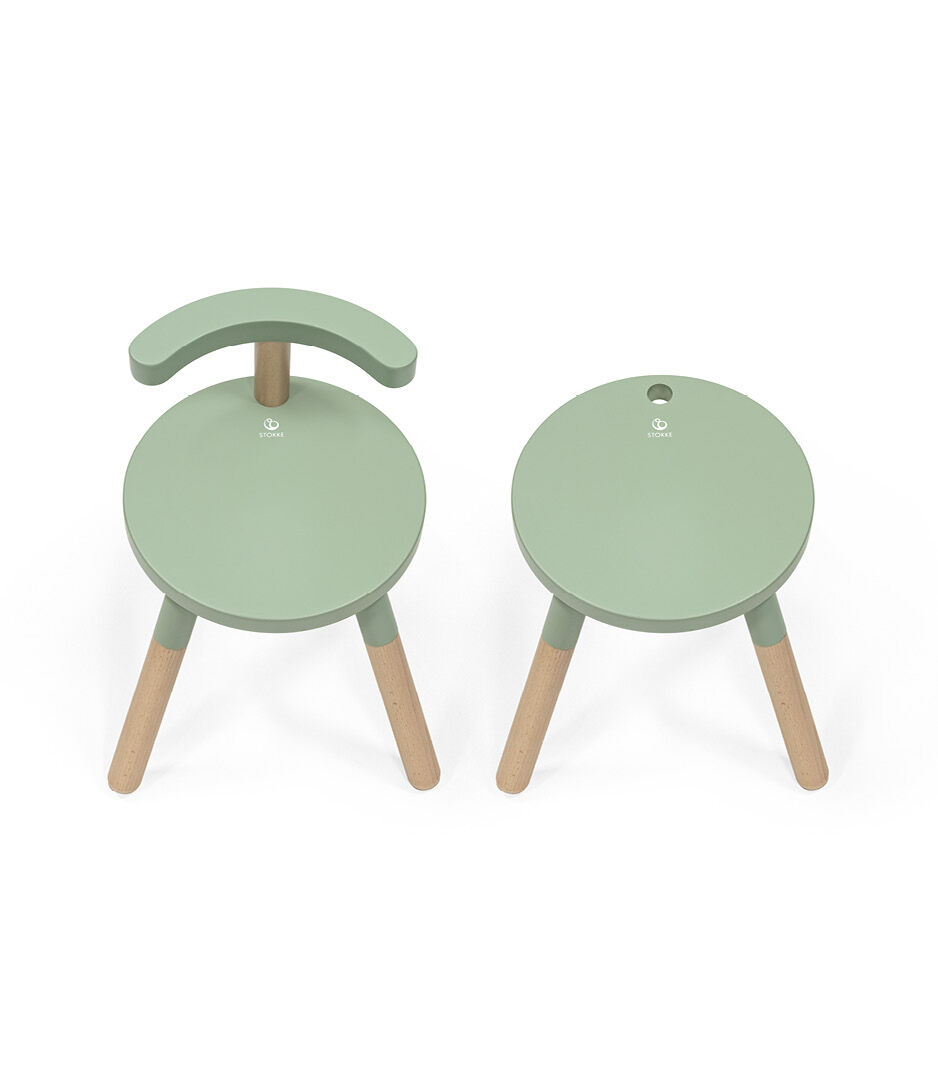Stokke® MuTable™ Chair Clover Green. Leg extension. With/whitout back support. Top view.