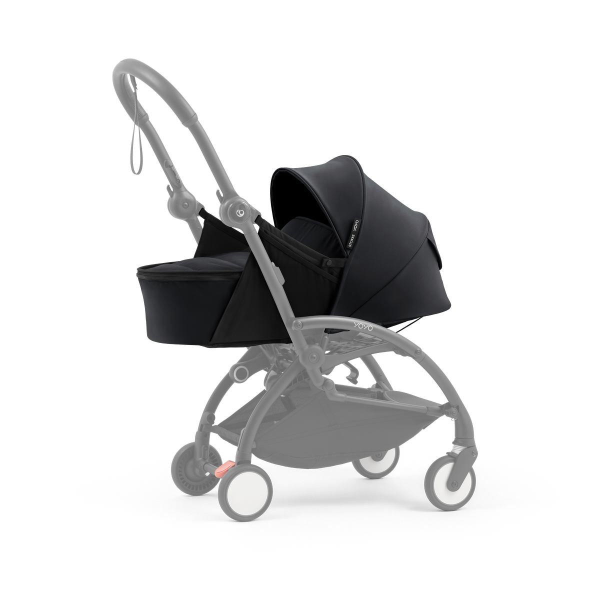 YOYO5 Newborn Pack, Black. Profile, angled view.