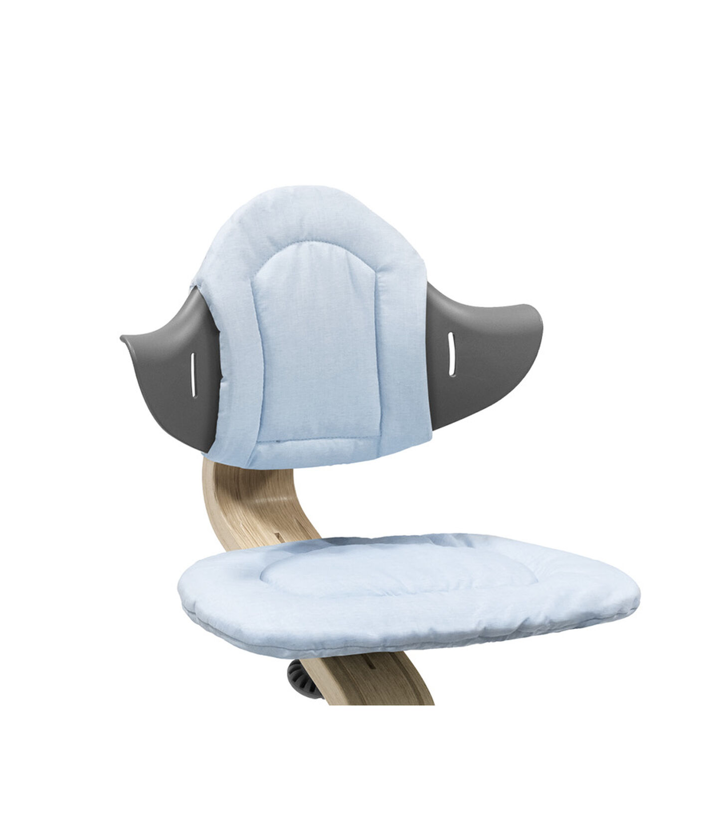 Stokke® Nomi® Chair Natural-Grey with Blue Cushions. Close-up. view 1