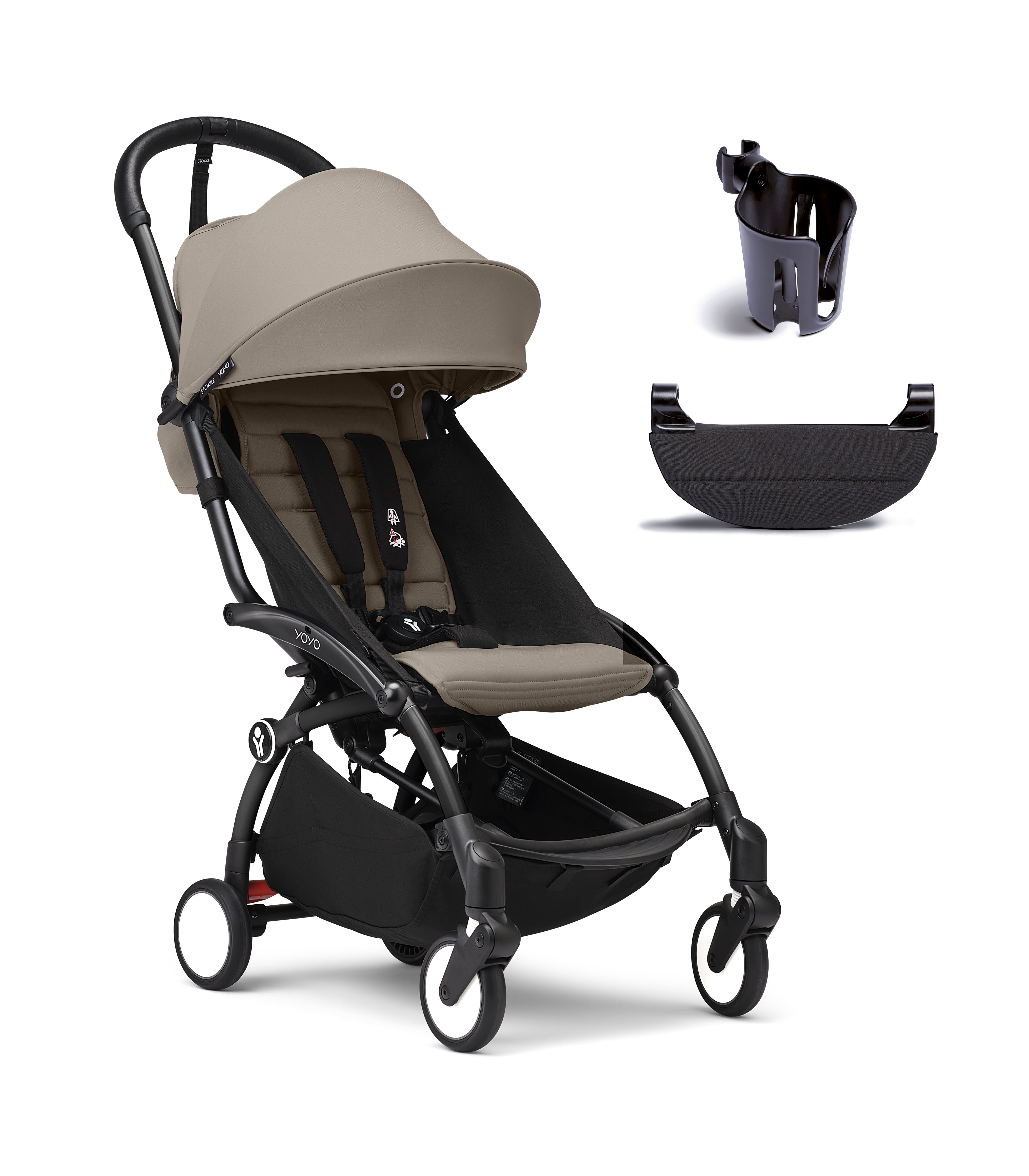 Stokke® YOYO 6+ Taupe. Cup Holder and footrest bundle.