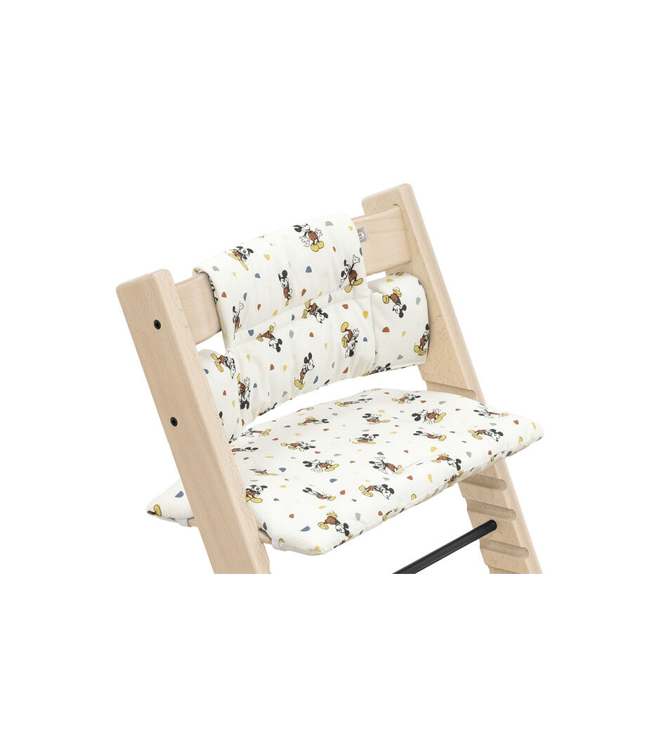 Tripp Trapp® Natural with Classic Cushion Disney Mickey Celebration. Limited Edition. Close-up.