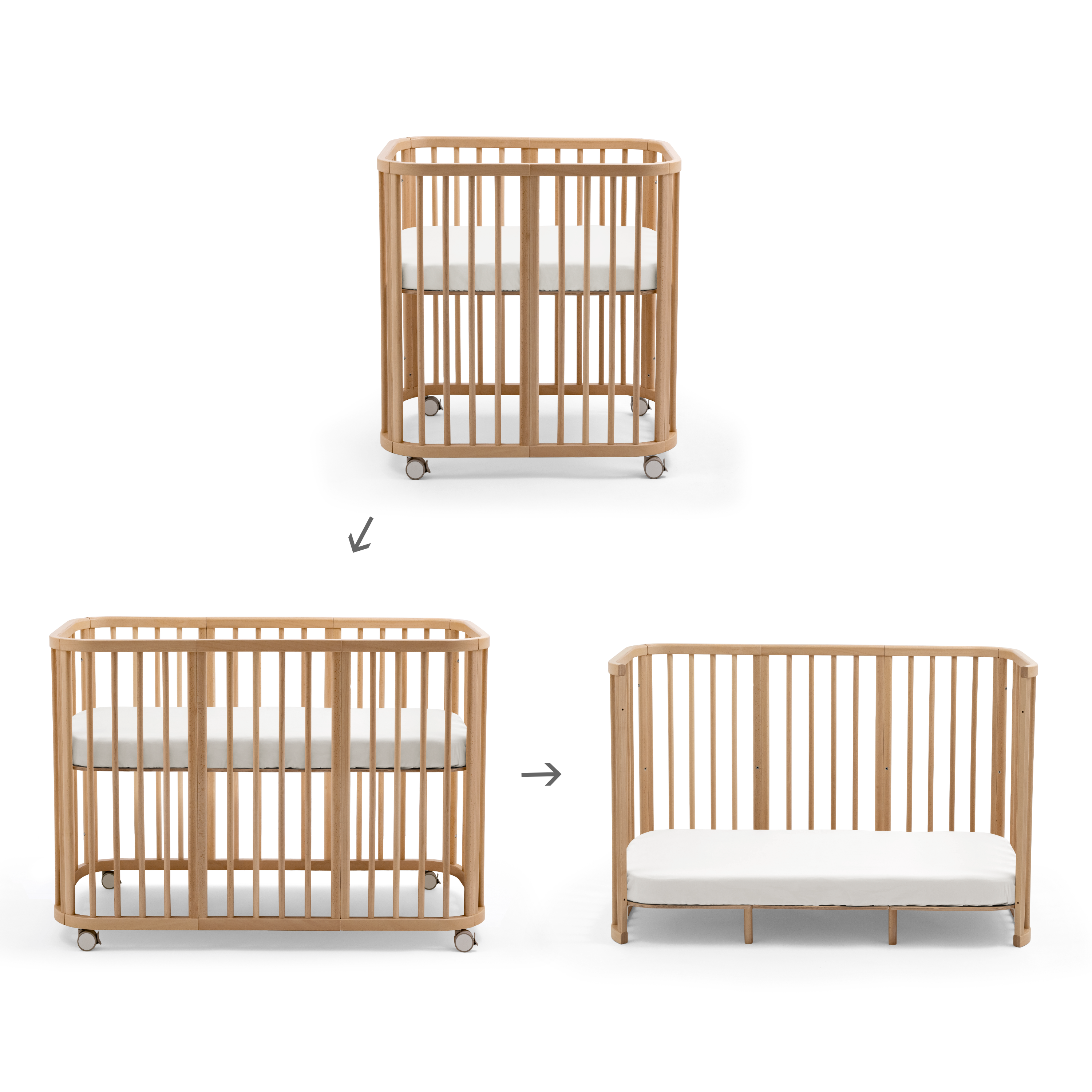 Side-by-side lifestyle shot of the Stokke Nighti and Sleepi cot beds in a beautifully styled Scandinavian nursery, showcasing both rectangular and oval designs.