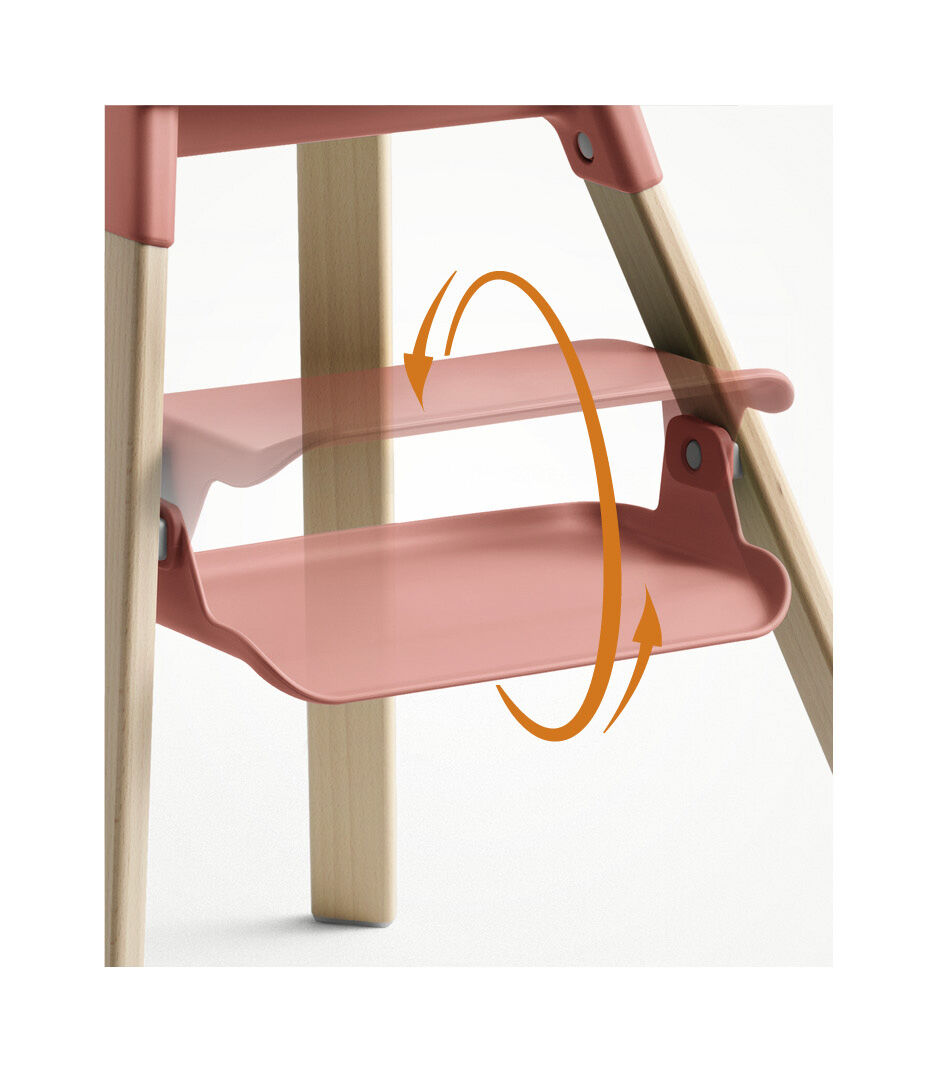 Stokke® Clikk™ High Chair Natural and Sunny Coral. Detail, footrest rotation.