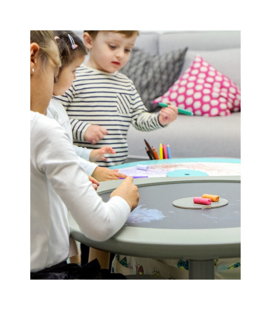 Stokke® MuTable™ Table Mint and Dove Grey. Whiteboard & Blackboard.
