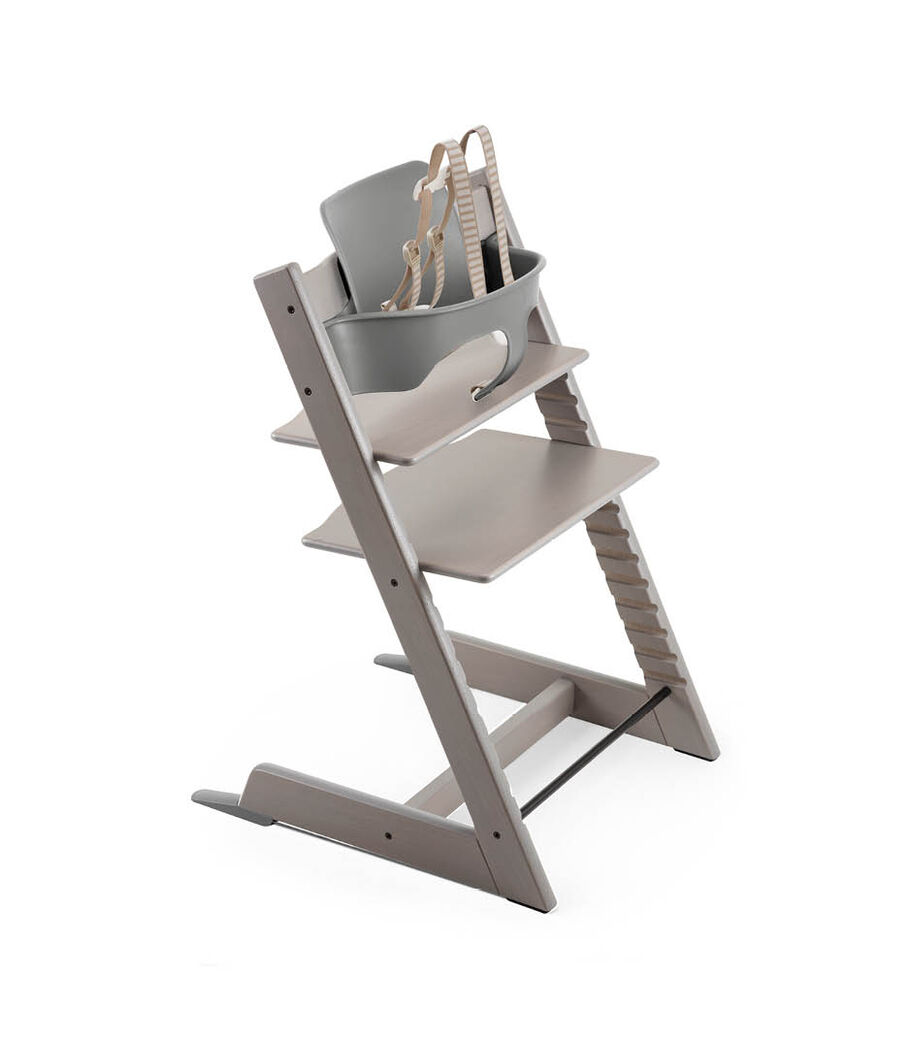 Tripp Trapp® Oak Greywash with Baby Set Storm Grey and Harness. Extended Glider, Storm Grey. US version. view 20