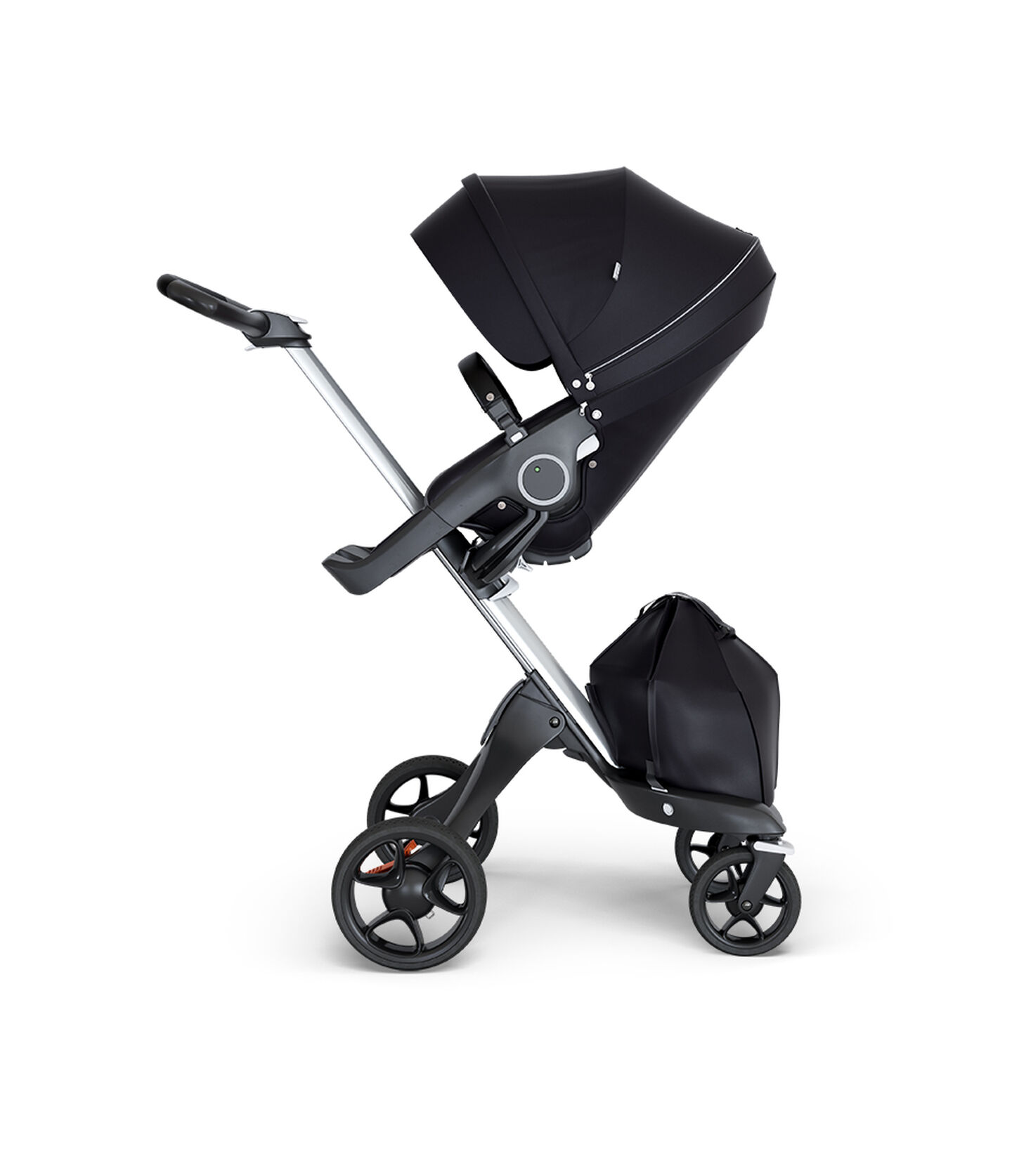 Stokke® Xplory® wtih Silver Chassis and Leatherette Black handle. Stokke® Stroller Seat Black. view 3