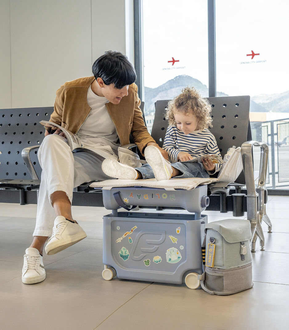 Stokke® JetKids™ BedBox™ Arctic Blue and BackPack Sea Green.
