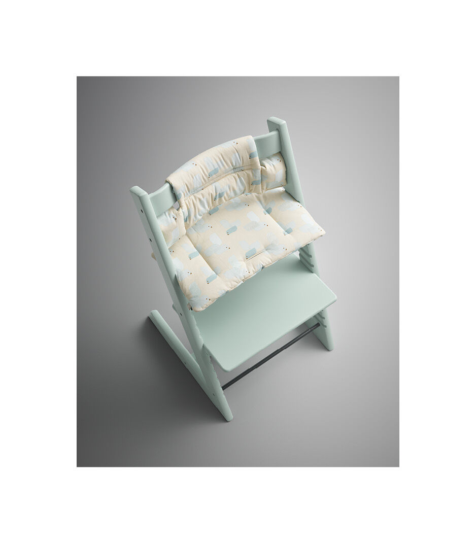 Tripp Trapp® Soft Mint with Classic Cushion Birds Blue. Styled.
