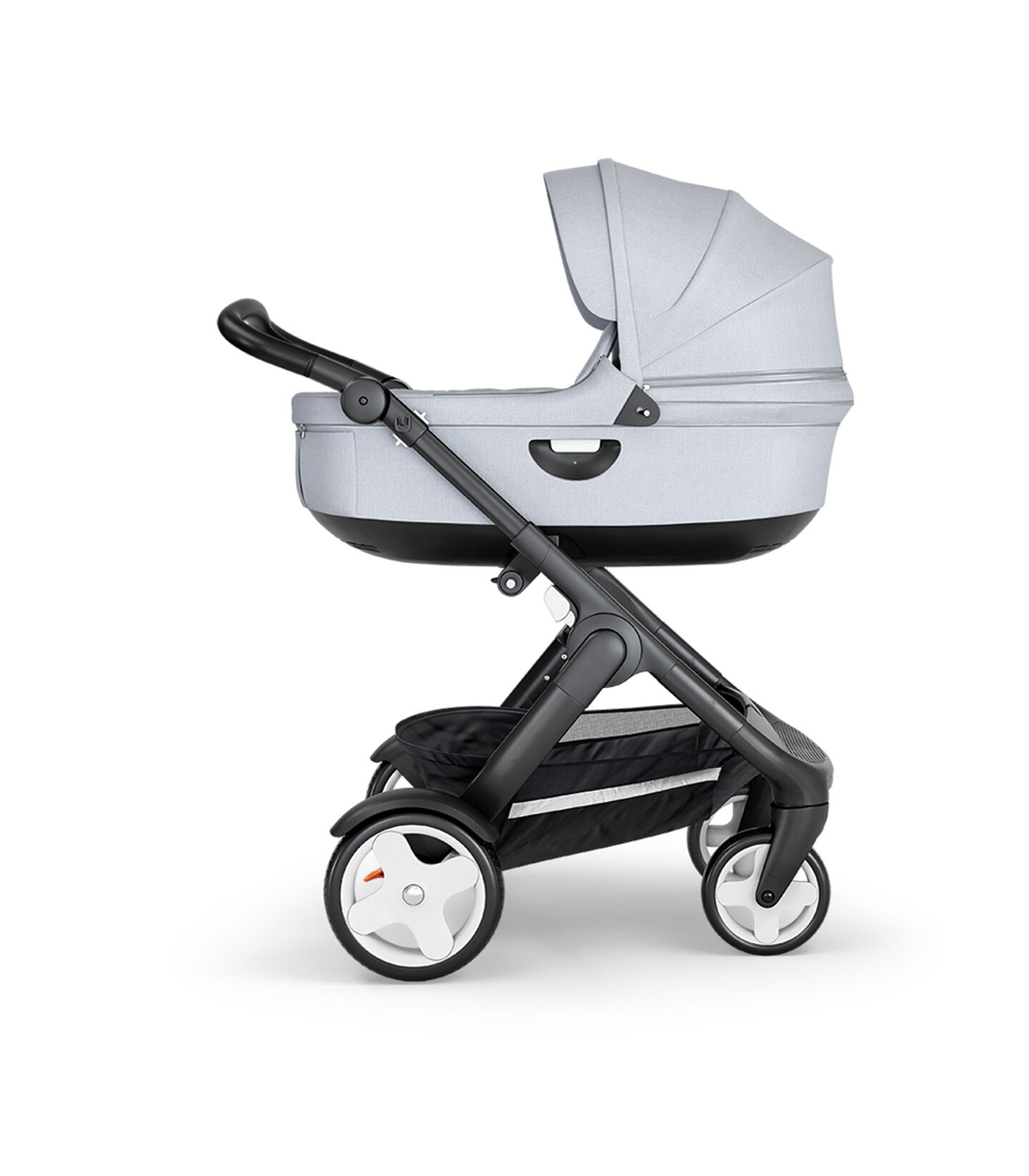 Stokke® Trailz™ with Black Chassis, Black Leatherette and Classic Wheels. Stokke® Stroller Carry Cot, Grey Melange. view 2