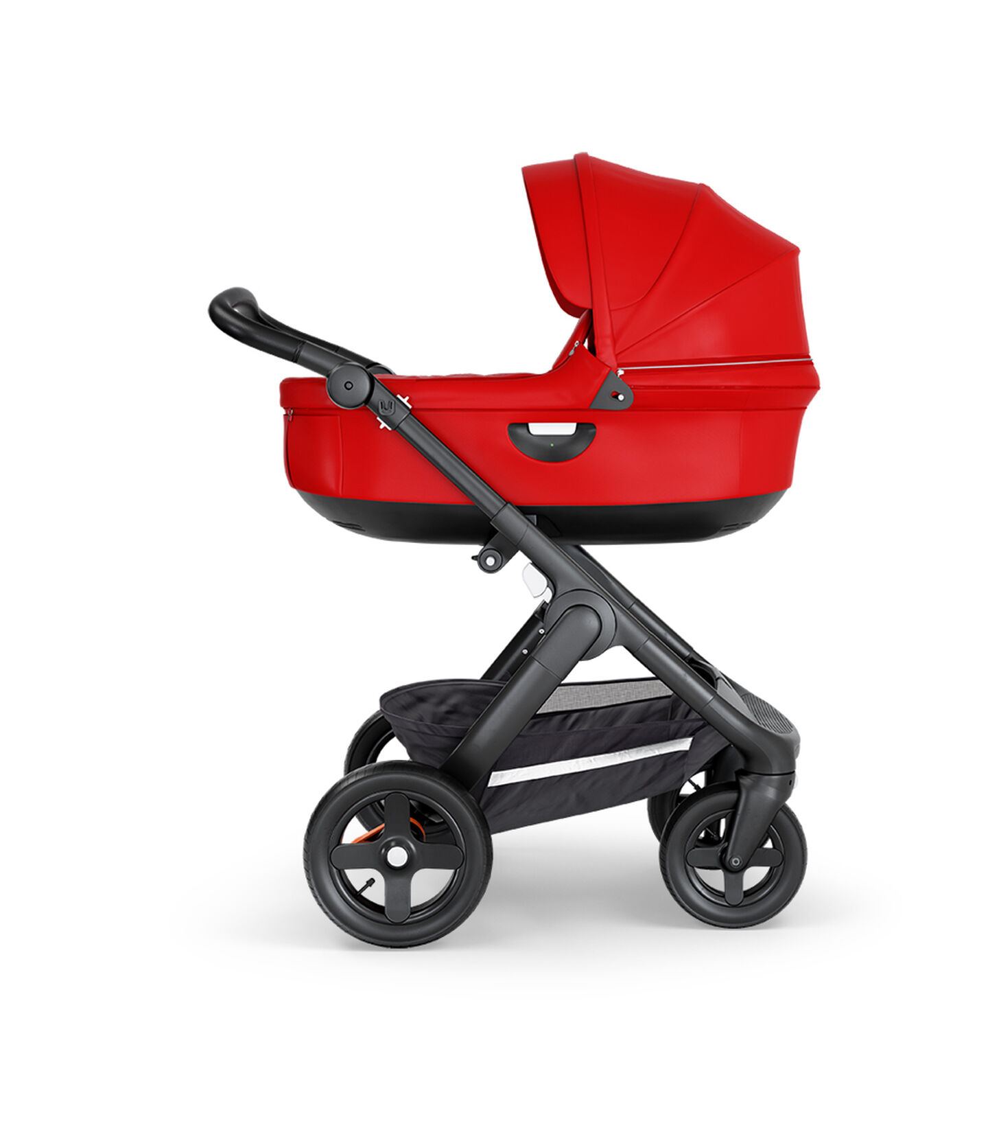 Stokke&reg; Trailz&trade; with Black Chassis, Black Leatherette and Terrain Wheels. Stokke&reg; Stroller Carry Cot, Red.