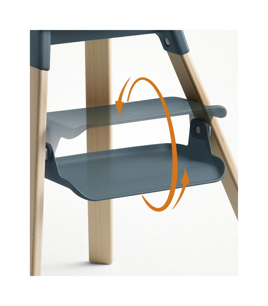 Stokke® Clikk™ High Chair Natural and Fjord Blue. Detail, footrest rotation.