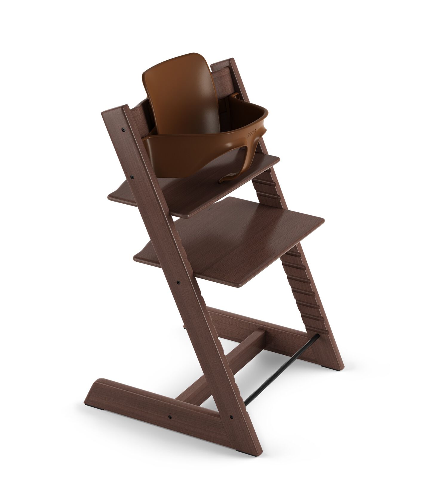 Tripp Trapp&reg; Chair Walnut Brown, Beech, with Baby Set. 3D rendering.