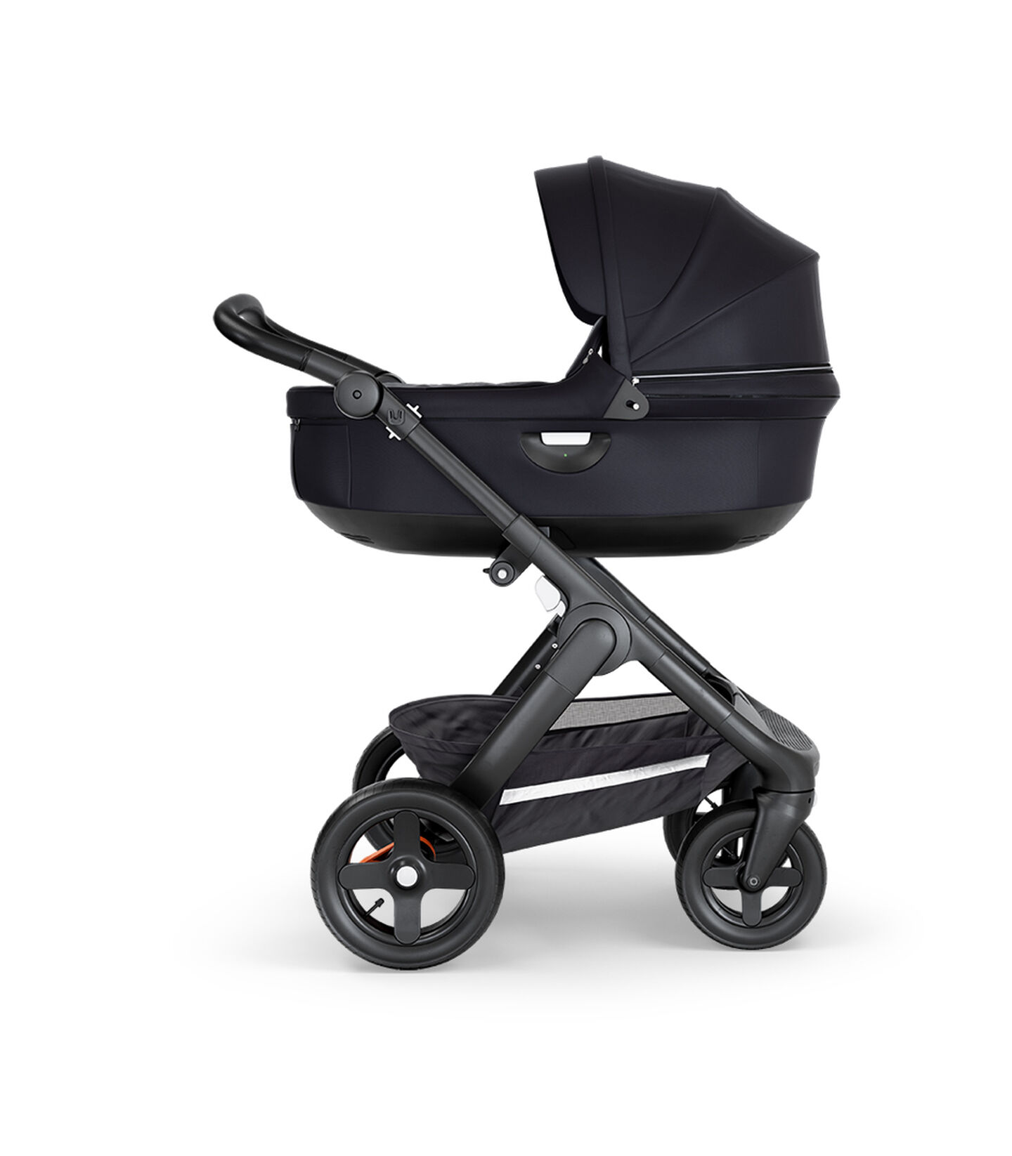 Stokke&reg; Trailz&trade; with Black Chassis, Black Leatherette and Terrain Wheels. Stokke&reg; Stroller Carry Cot, Black.