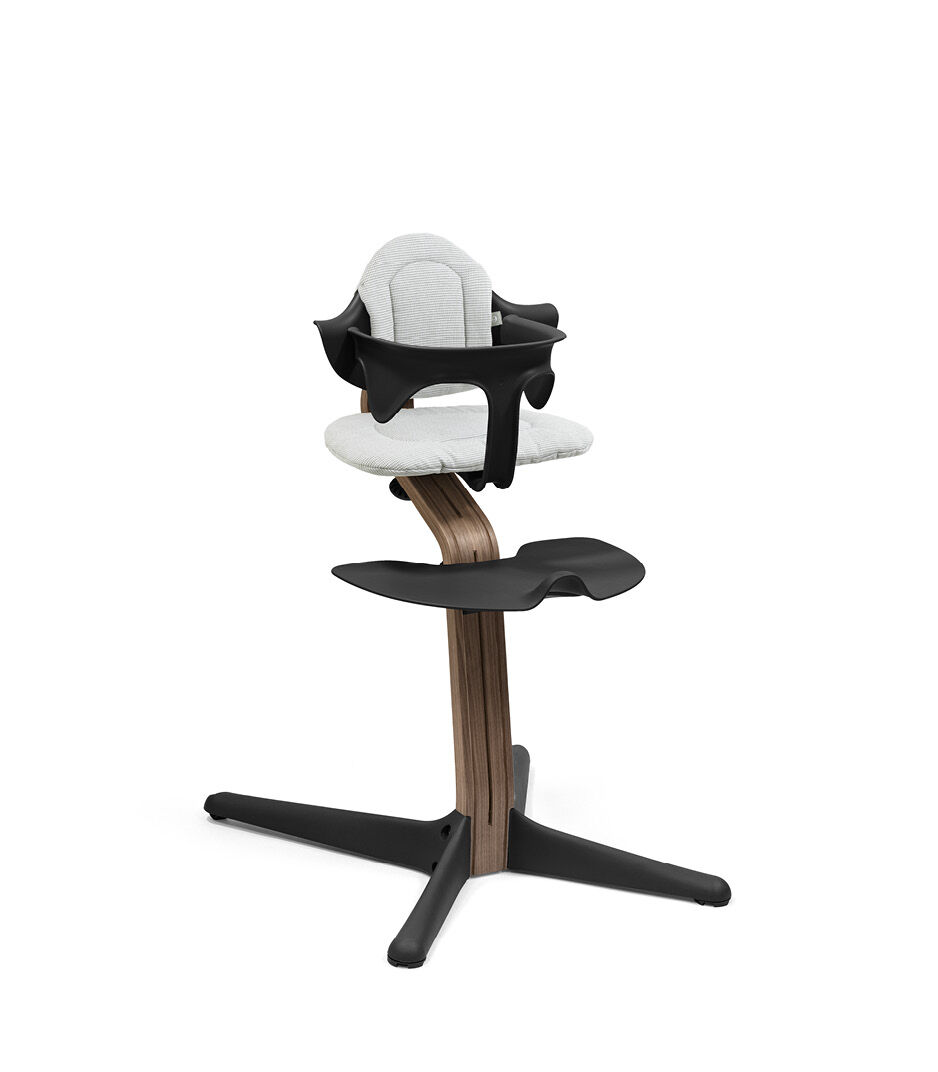 Stokke® Nomi® Chair. Premium Walnut wood and Black plastic parts. Baby Set. Cushion Nordic Grey. galery image 6