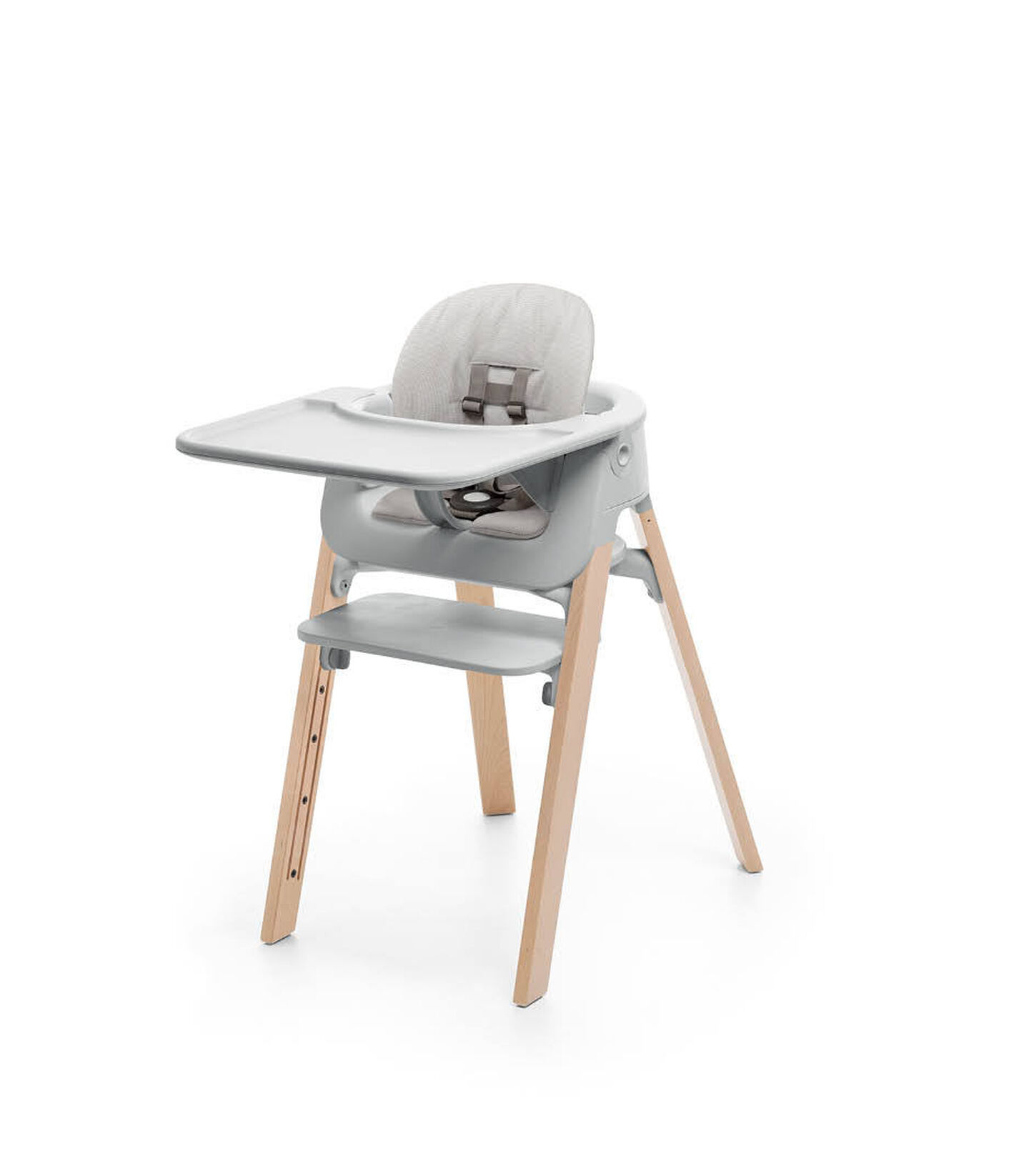 Stokke&reg; Steps&trade; Natural with Accessories. Baby Set Light Grey. Baby Set Cushion Timeless Grey. Baby Set Tray Light Grey.