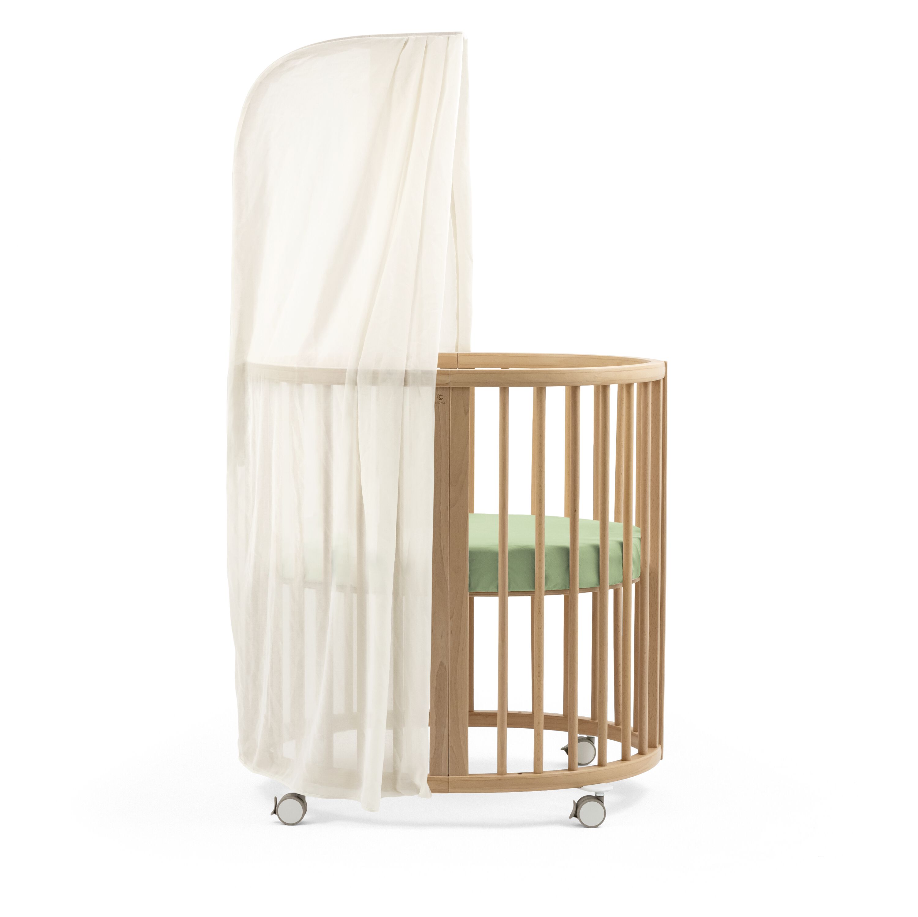 Stokke® Sleepi™ Mini Natural. Fitted Sheet Sage Green. Canopy Birch.