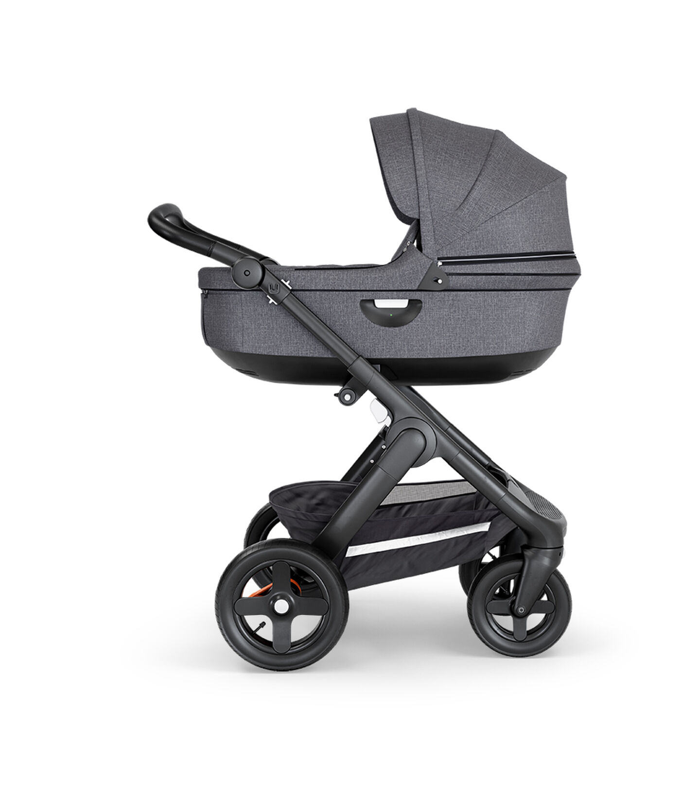 Stokke&reg; Trailz&trade; with Black Chassis, Black Leatherette and Terrain Wheels. Stokke&reg; Stroller Carry Cot, Black Melange.