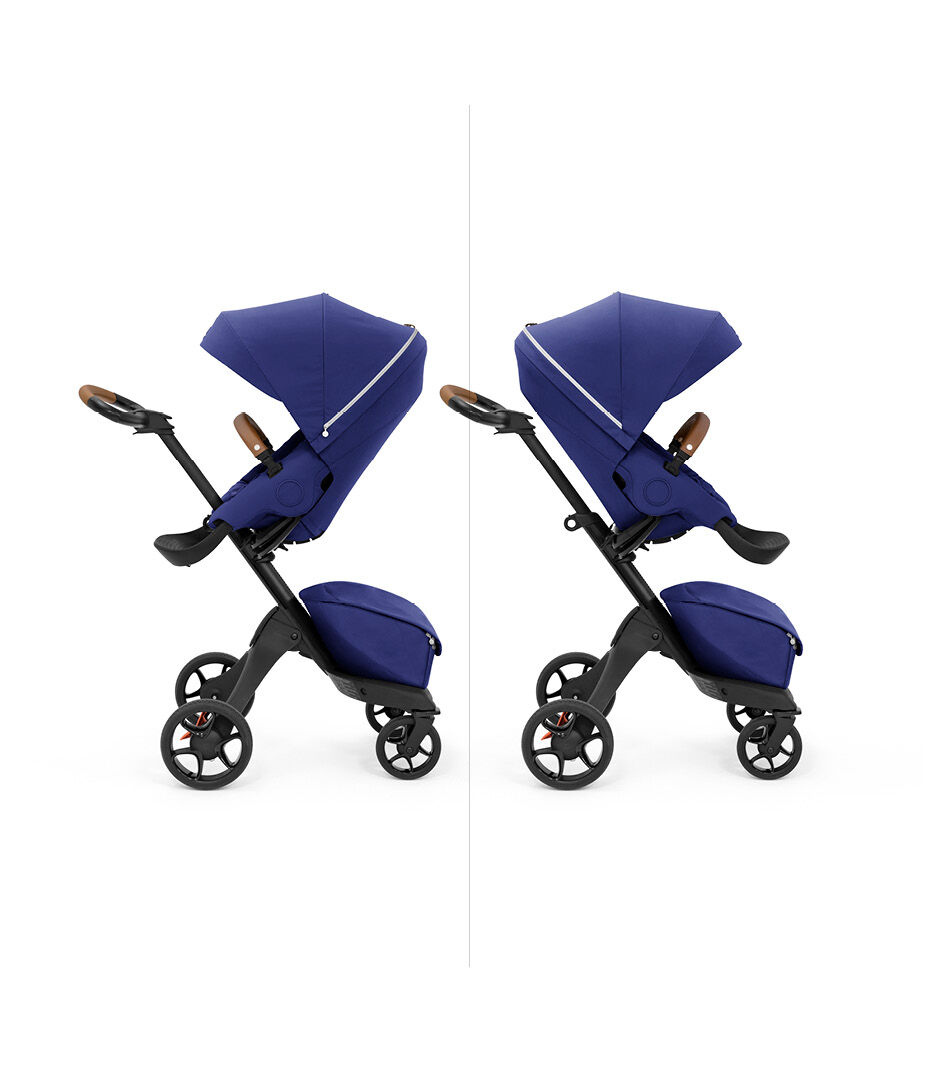 Stokke® Xplory X with seat, Royal Blue. Parent and forward facing.