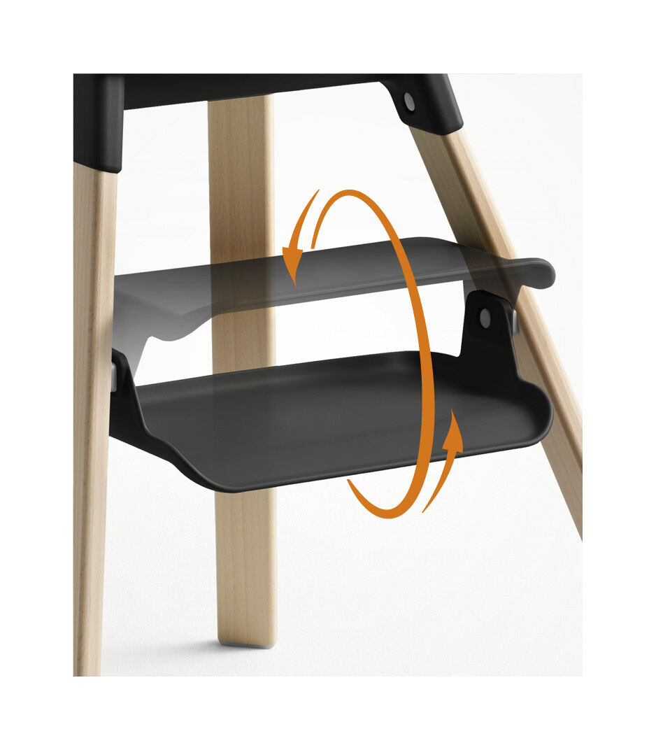 Stokke® Clikk™ High Chair Natural and Black. Detail, footrest rotation.