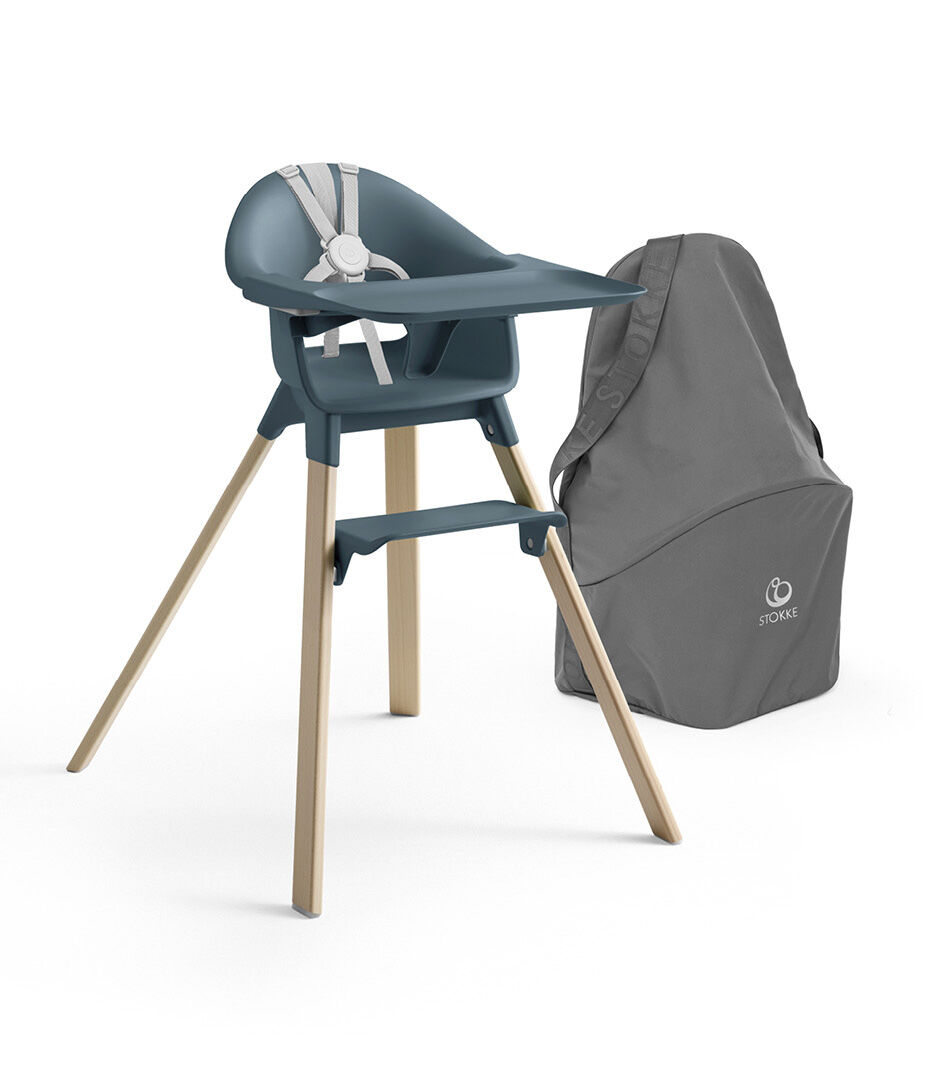 Stokke® Clikk™ High Chair Fjord Blue with Travel Bag Grey.