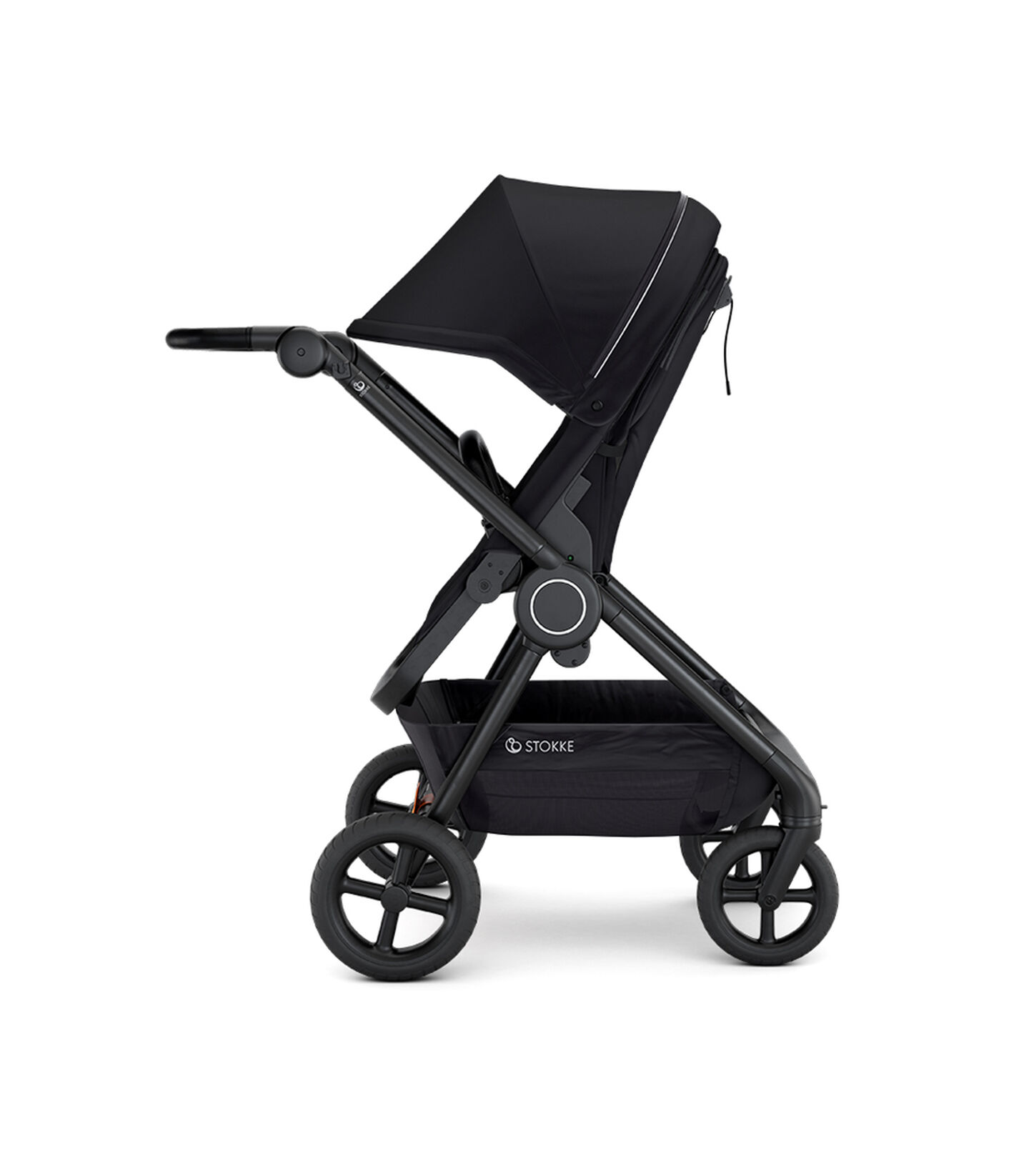 Stokke&reg; Beat&trade; with Seat. Black. Parent facing. Extended Canopy.