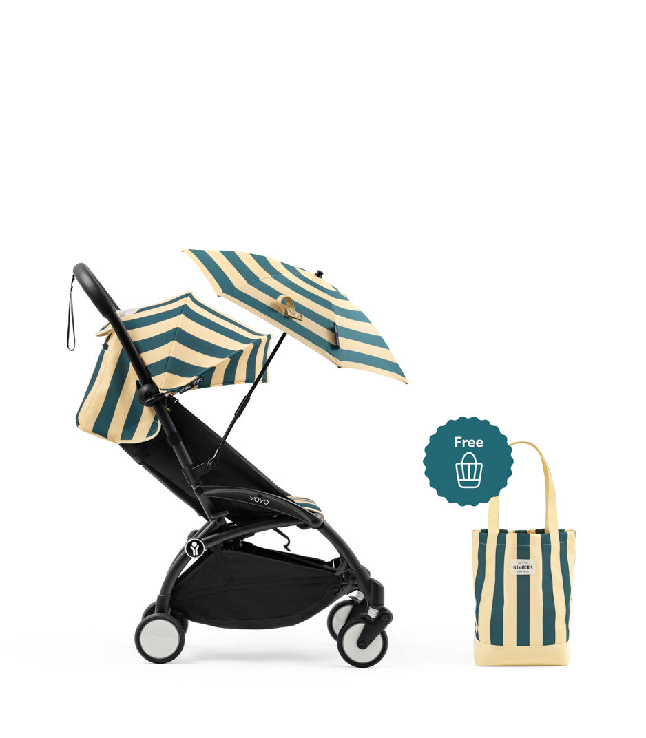 Stokke® YOYO3® 6+ – Riviera Monaco. Summer Bundle. Reclined. Black frame. Side view. With "badge".