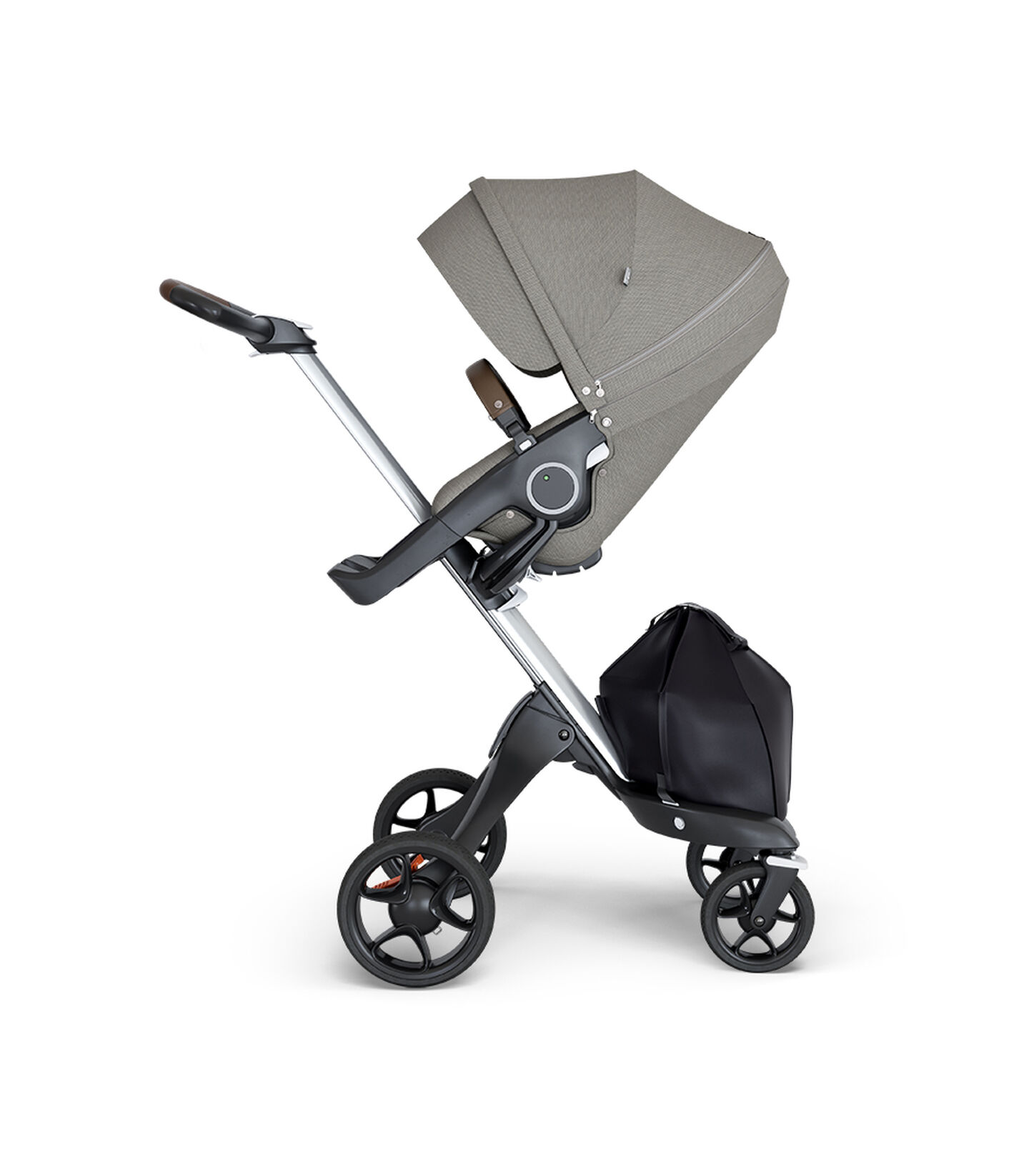 Stokke® Xplory® wtih Silver Chassis and Leatherette Brown handle. Stokke® Stroller Seat Seat Brushed Grey. view 1