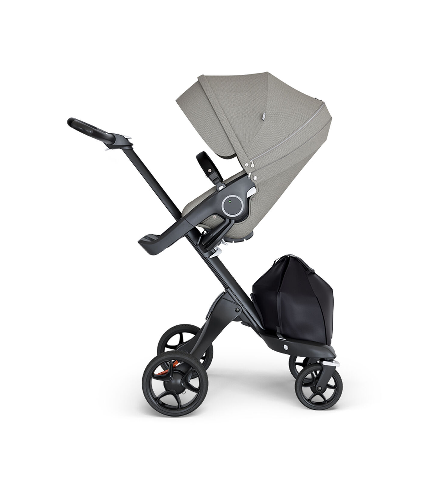 Stokke® Xplory® wtih Black Chassis and Leatherette Black handle. Stokke® Stroller Seat Seat Brushed Grey. view 1