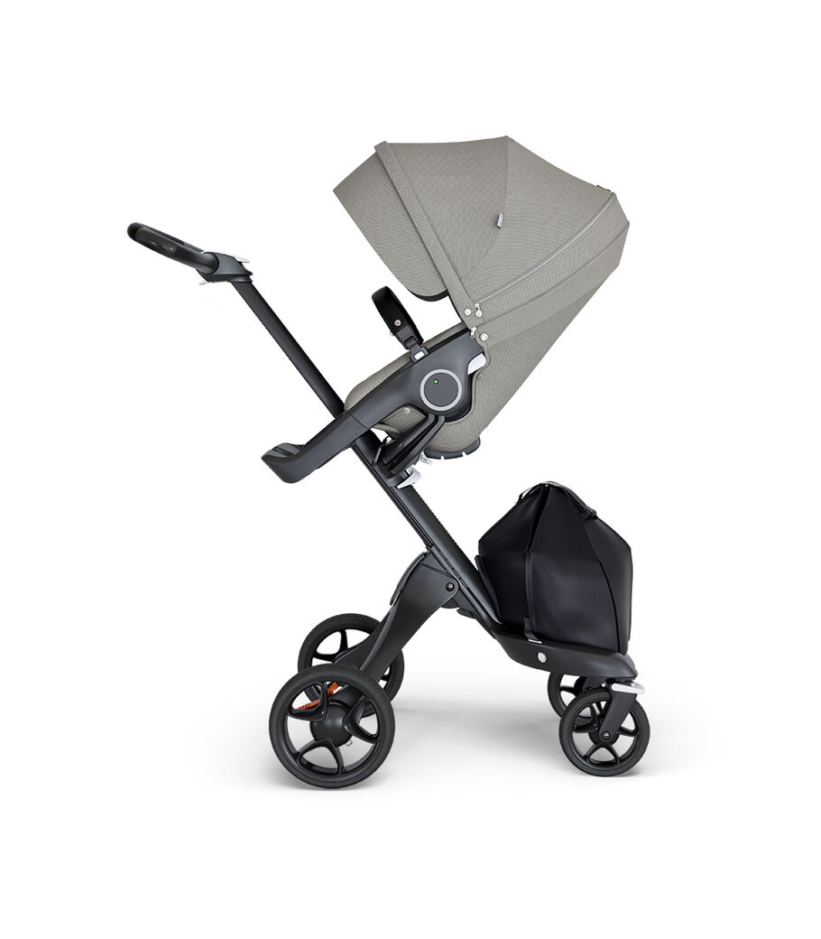 Stokke® Xplory® wtih Black Chassis and Leatherette Black handle. Stokke® Stroller Seat Seat Brushed Grey. view 5