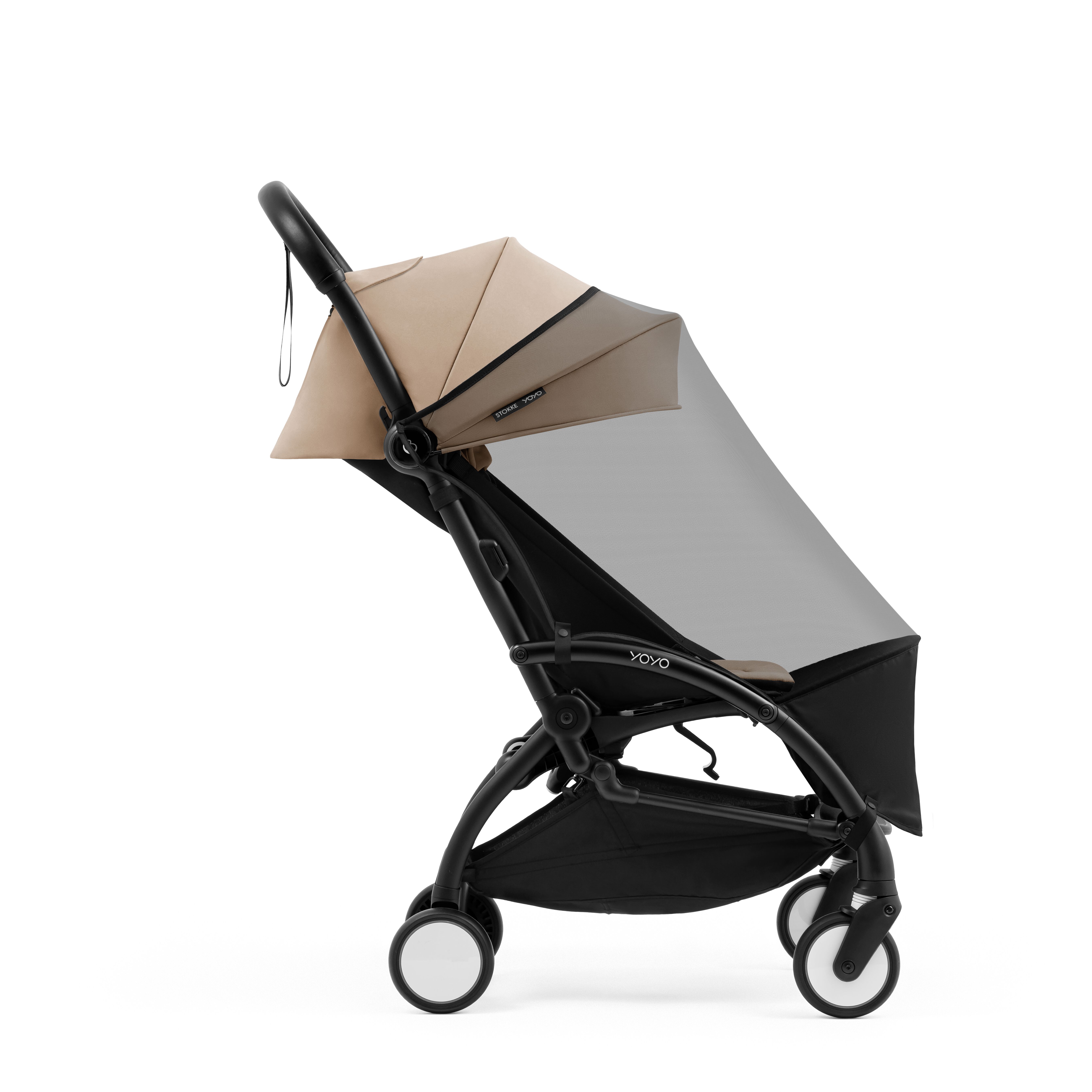 YOYO5 Stroller. Seat Pack, Taupe. Mesh cover. Profile view.