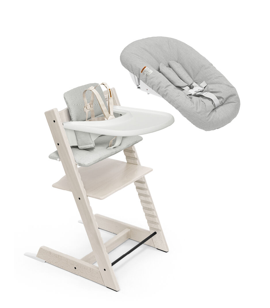 Tripp Trapp® High Chair² Whitewash, Nordic Grey Cushion, Newborn Set and Stokke® Tray, Whitewash, Nordic Grey Cushion + Newborn, mainview