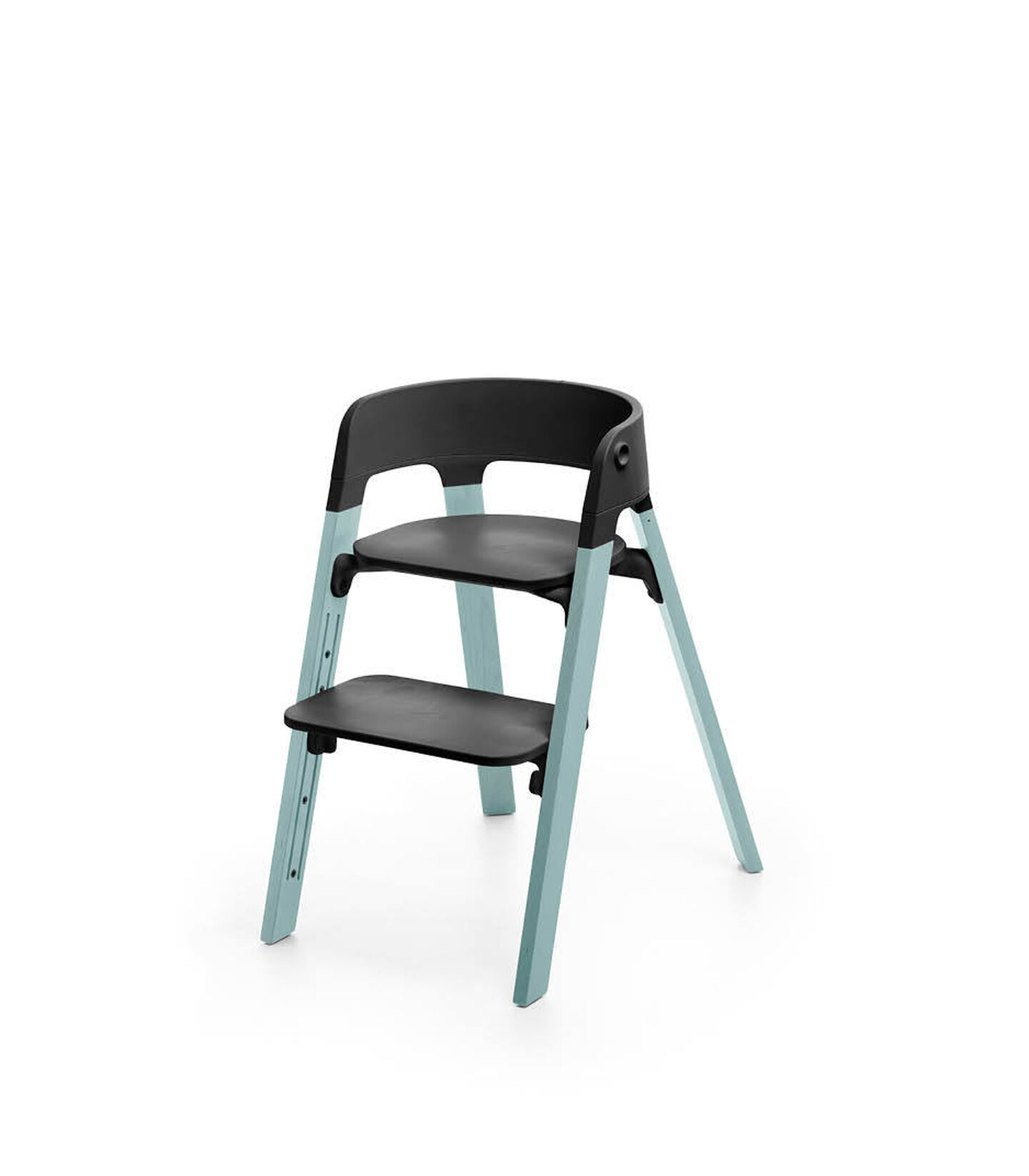 Stokke&reg; Steps&trade; Aqua Blue with Black seat and footrest in high position.