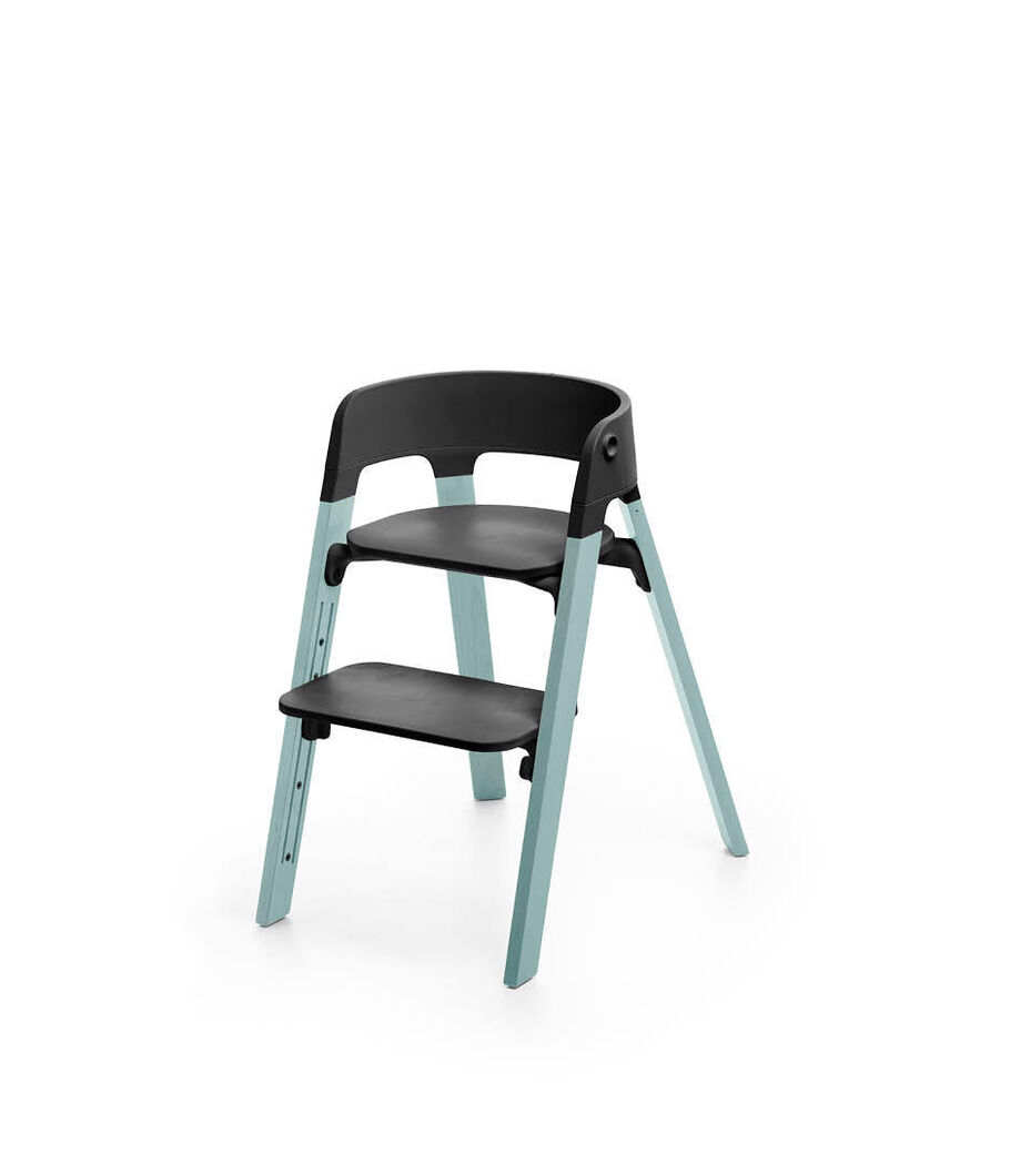 Stokke&reg; Steps&trade; Aqua Blue with Black seat and footrest in high position.