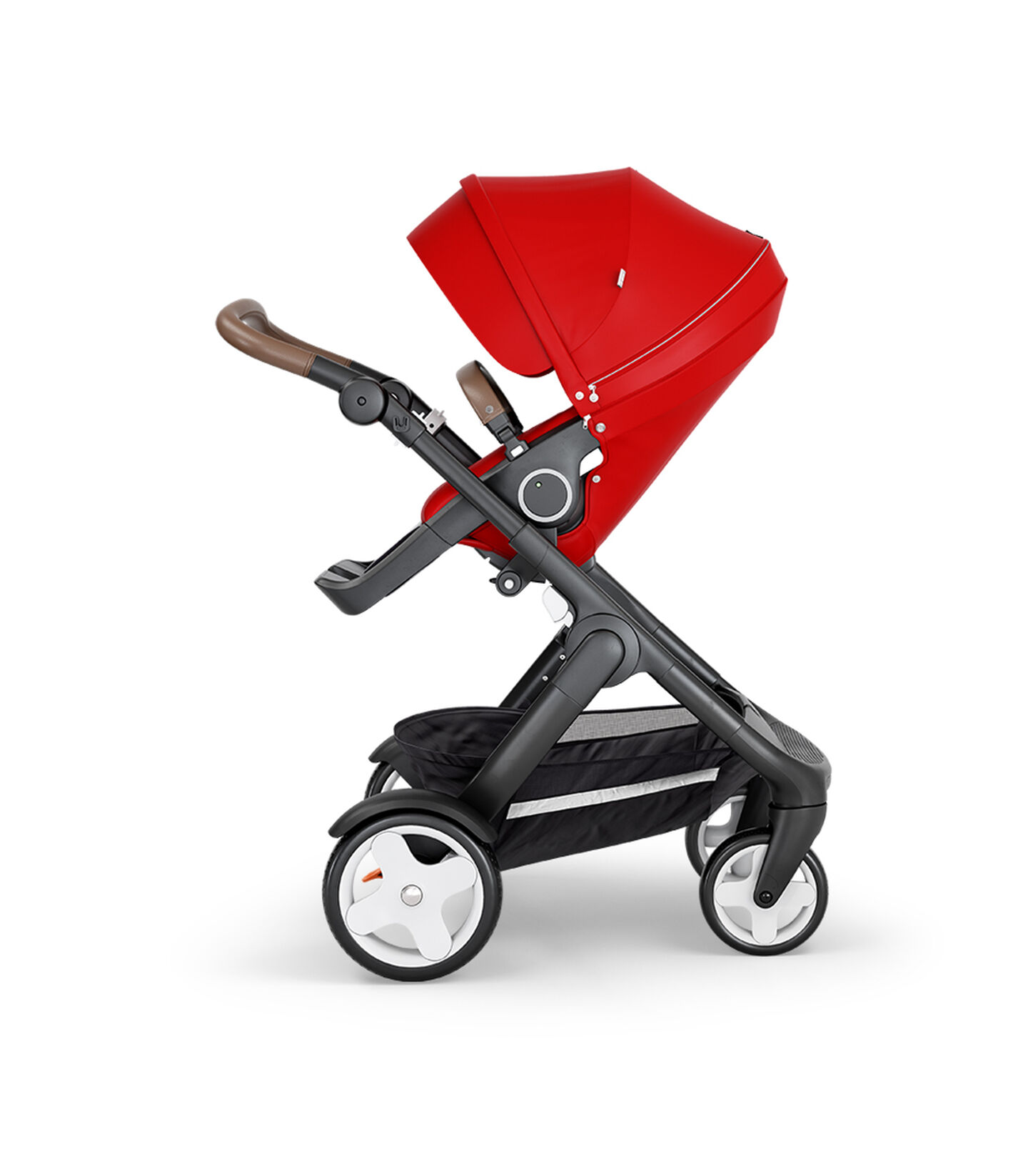 Stokke® Trailz™ with Black Chassis, Brown Leatherette and Classic Wheels. Stokke® Stroller Seat, Red. view 1