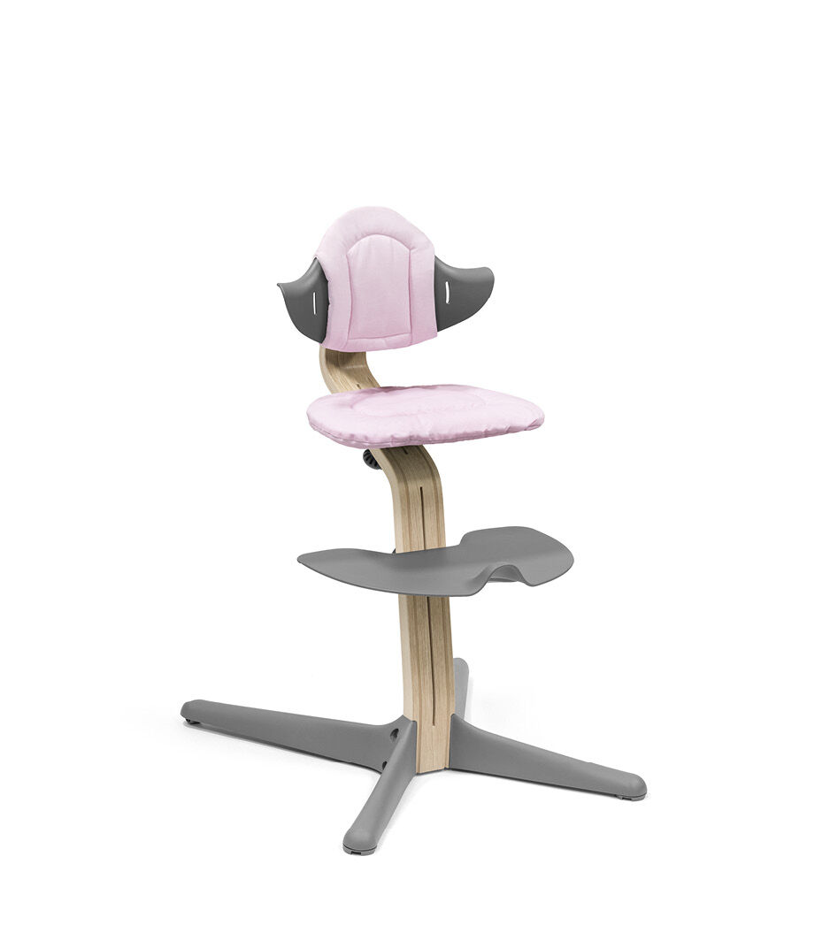 Stokke® Nomi® Chair Natural-Grey with Pink Cushions.