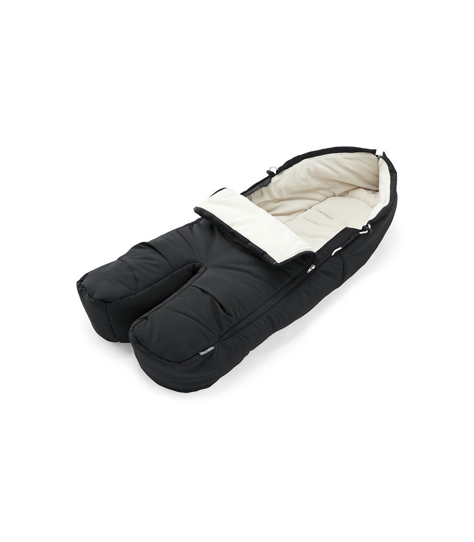 black stroller with footmuff