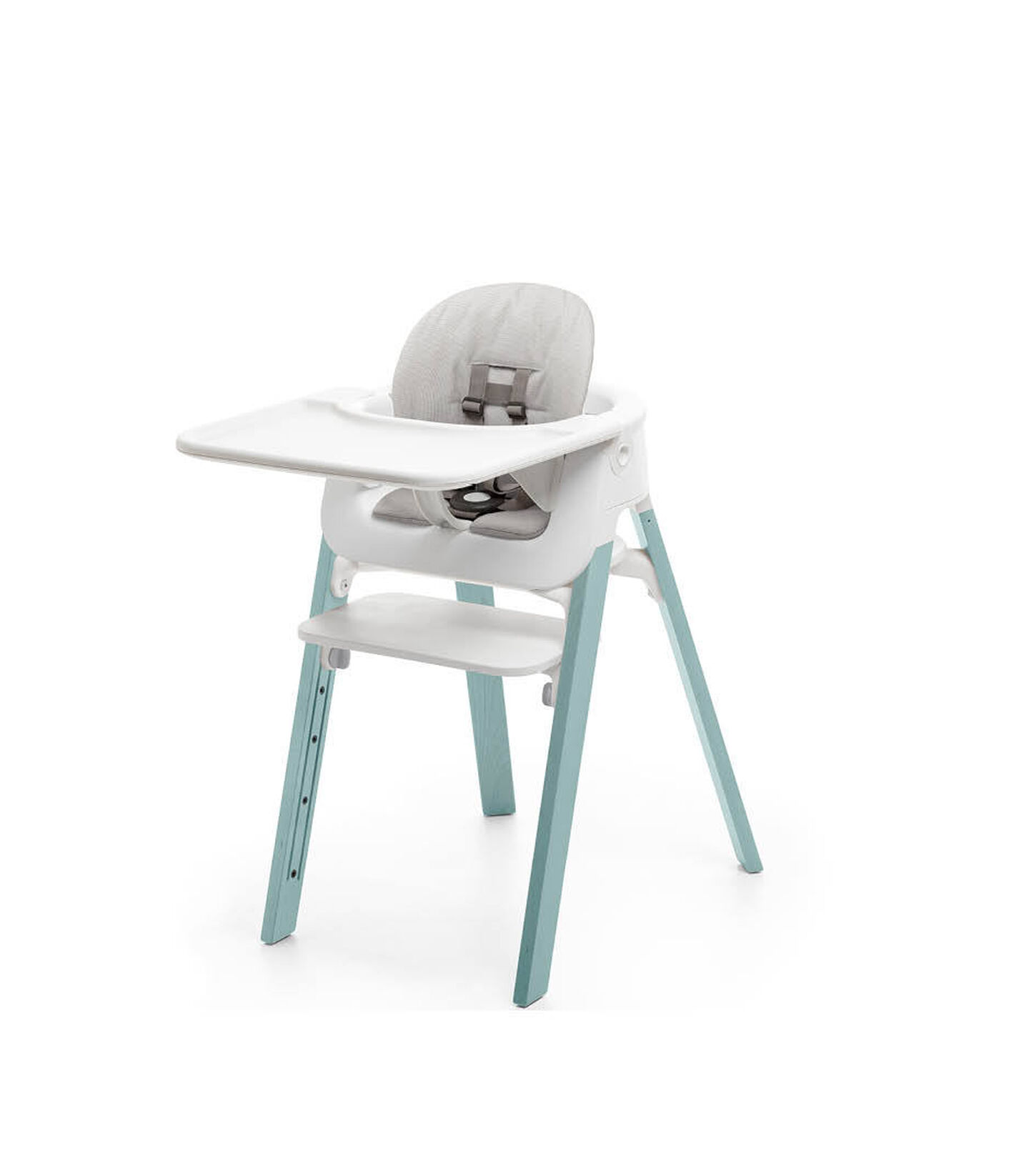 Stokke&reg; Steps&trade; Aqua Blue with Accessories. Baby Set White. Baby Set Cushion Timeless Grey. Baby Set Tray White.